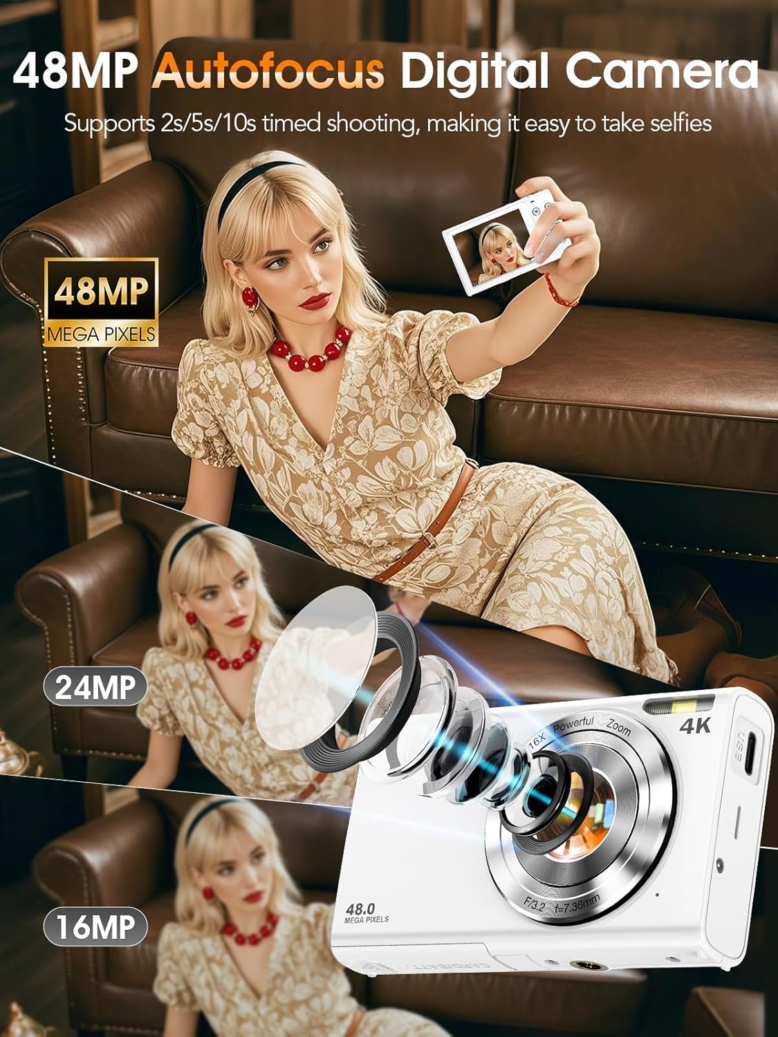 Digital Camera,Autofocus 4K Vlogging Camera for Photography with 32GB Card,48MP Portable Compact Point and Shoot Digital Camera for Teens Adult Beginner with 16X Zoom,Anti-Shake,2 Batteries(White) - Image 3