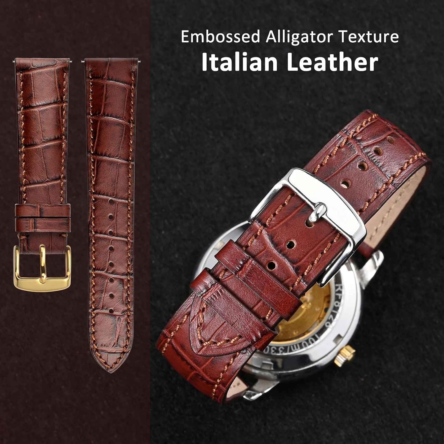 WOCCI 20mm Watch Band, Italian Leather, Embossed Alligator Grain, Gold Buckle (Brown) - Image 3