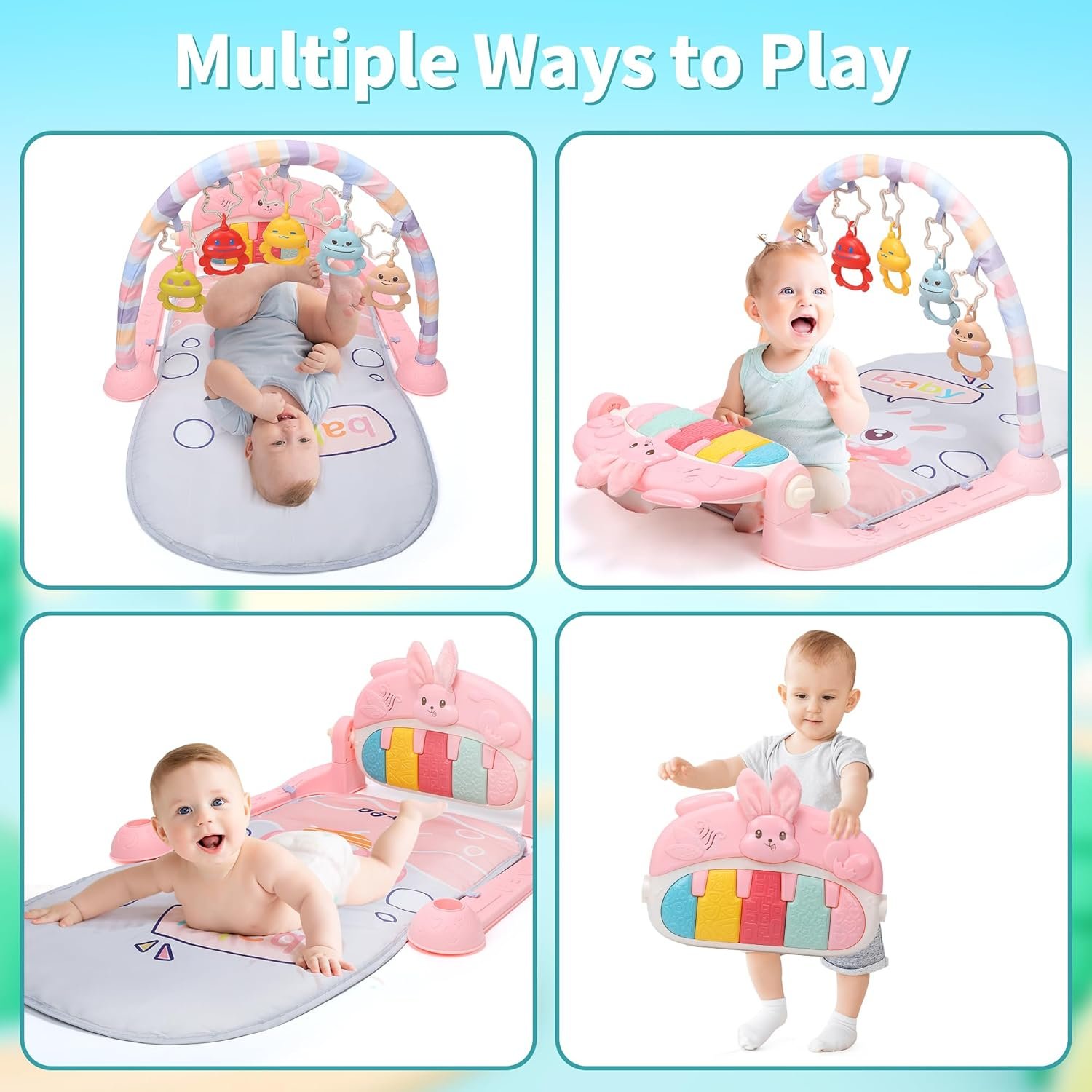HOLYFUN Baby Play Mat Baby Gym, Play Piano Tummy Time Mat with Activity Gym, 5 Infant Learning Sensory Baby Toys, Musical Activity Center for Early Development and Entertainment, Pink - Image 4