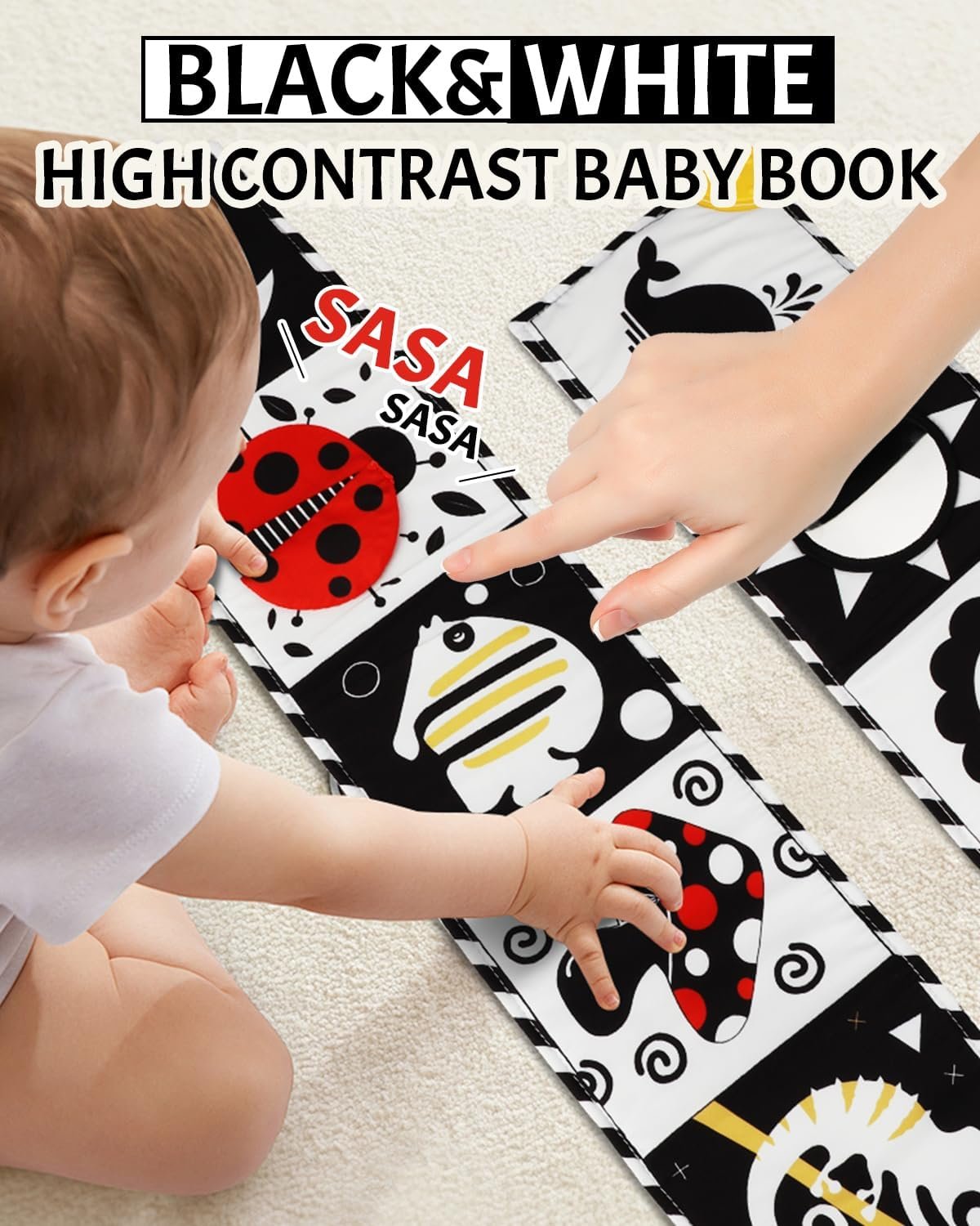 High Contrast Baby Book with Teether, Black and White Baby Book, 0-6-12 Months Soft Book for Newborn, Sensory Books, Montessori Learning Activities for Babies, Easter Basket Stuffer - Image 3