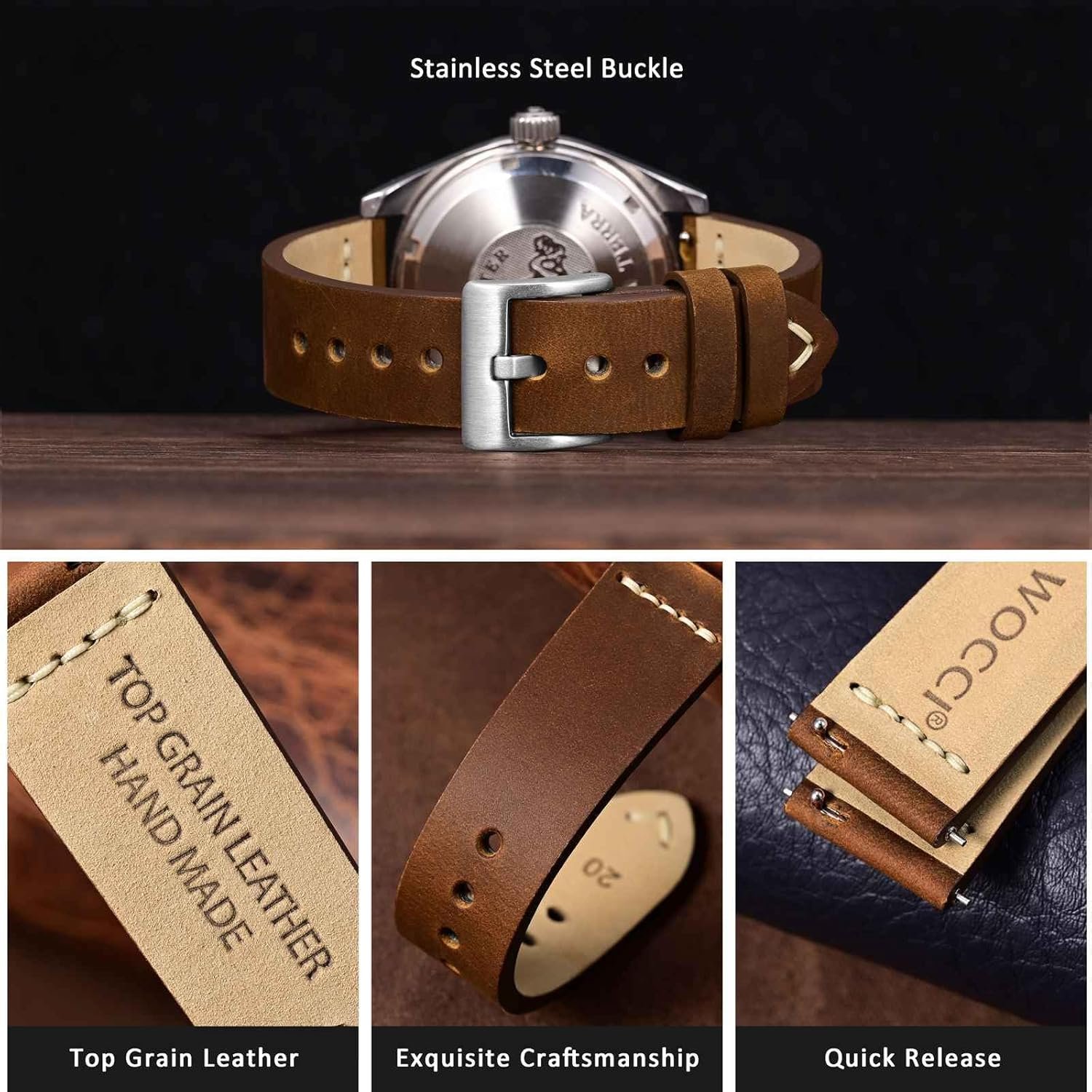 WOCCI 22mm Old-fashioned Watch Band for Men, Top Grain Leather, Silver Brushed Buckle (Caramel Brown) - Image 4