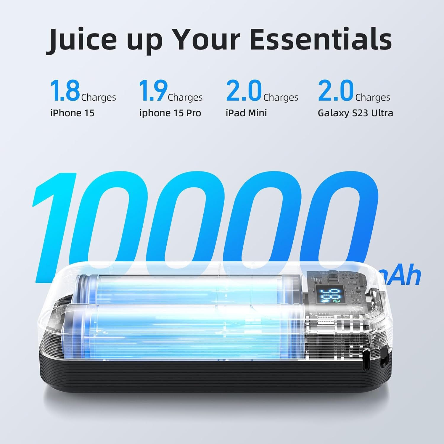 MOKiN Portable Charger, 10000mAh Power Bank, 30W Fast Charging Battery Pack, USB-C, USB A, Bulit in 2 Cables iOS & Type C, Digital Display, Compact PowerBank Compatible with iPhone 16/15/14/13,Black - Image 5