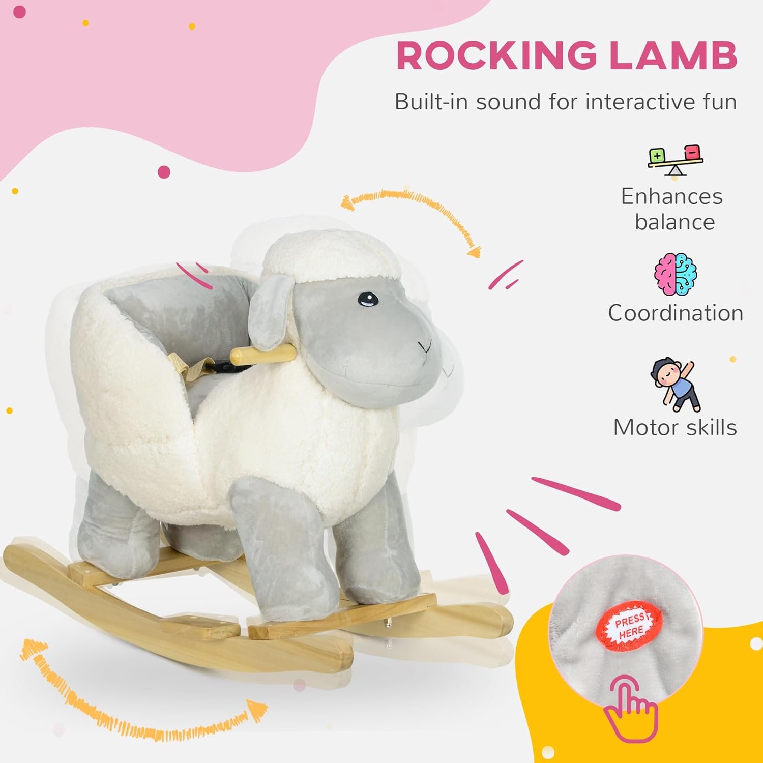 Qaba Baby Rocking Horse Sheep, Plush Lamb Rocker, Rocking Animal with Seat Belt, Sounds & Pedals for Kids 18-36 Months, Gray - Image 4