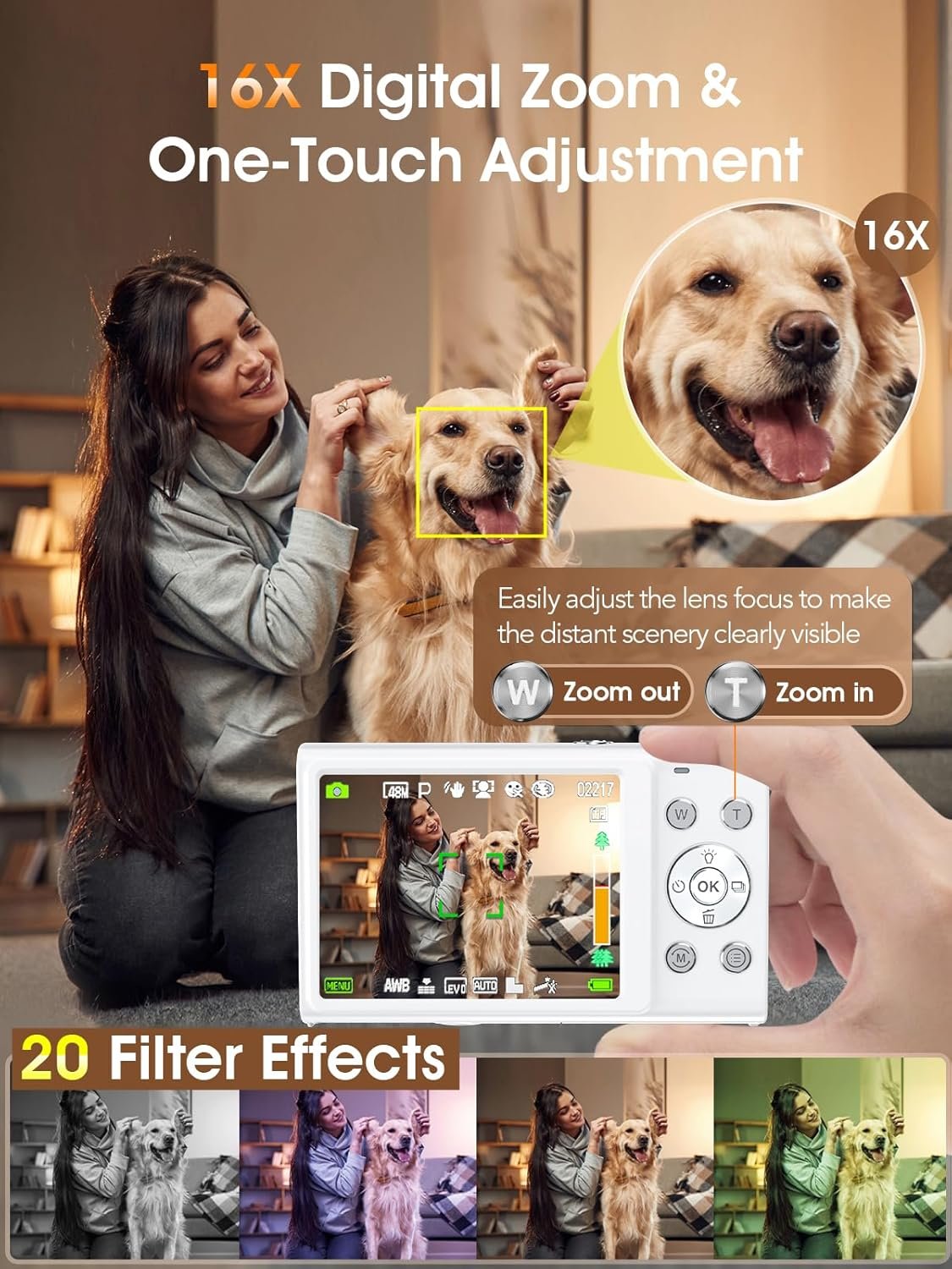 Digital Camera,Autofocus 4K Vlogging Camera for Photography with 32GB Card,48MP Portable Compact Point and Shoot Digital Camera for Teens Adult Beginner with 16X Zoom,Anti-Shake,2 Batteries(White) - Image 5