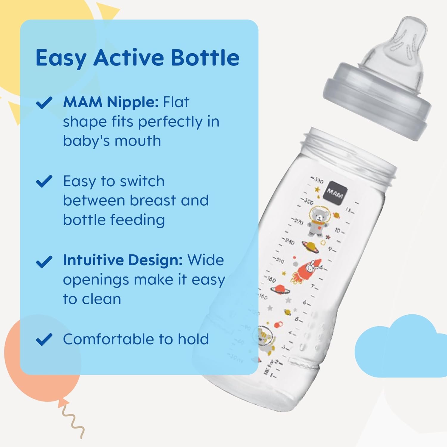 MAM Easy Active Baby Bottle, Fast Flow Skinsoft Silicone Nipple with Wide Neck Ergonomic Design, Easy to Hold BPA-Free Baby Bottles with Leak-Proof Caps for 4 Plus Months Baby - Image 3