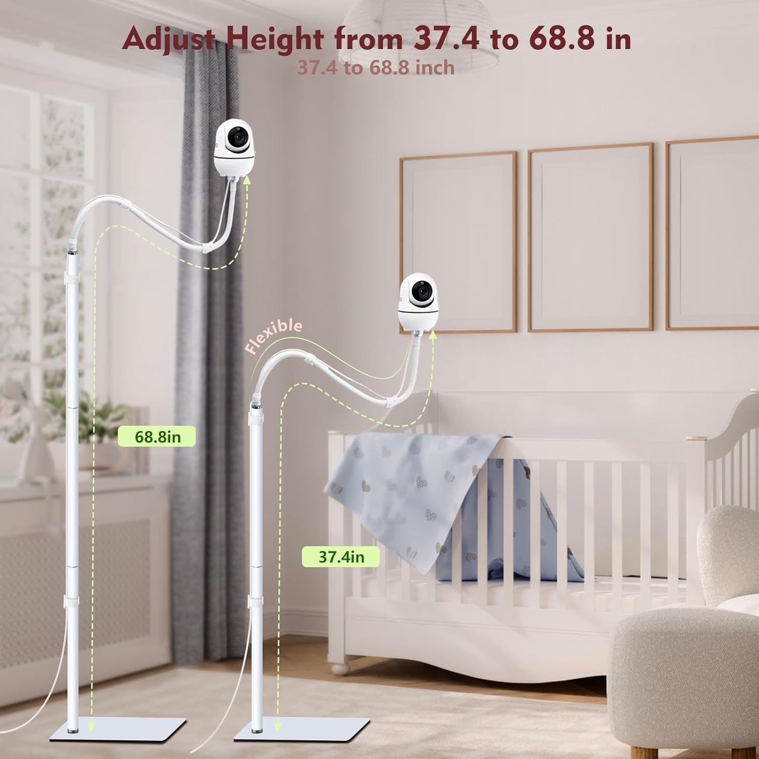 Baby Monitor Floor Stand Compatible with Infant Optics, Babysense, Nanit Pro, Owlet, Baby Ganibs, Bonoch, Adjustable Height from 37.4-68.8, Universal Baby Camera Stand Mount, Safety for Nursery - Image 5