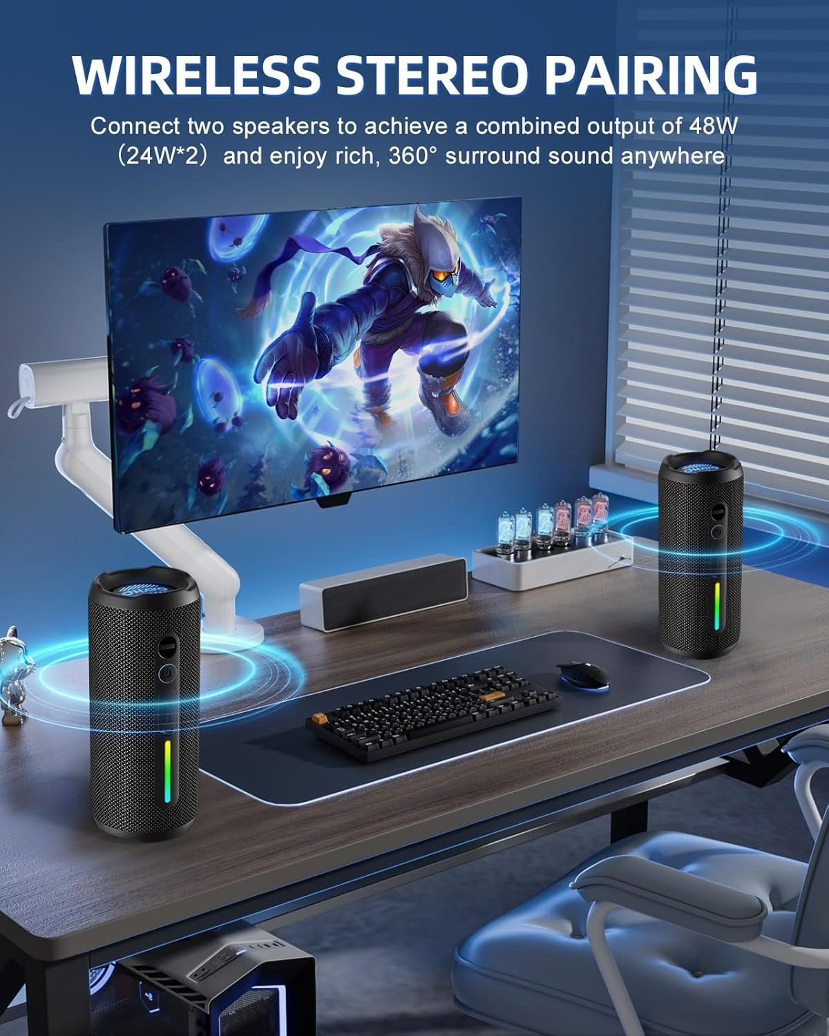 OHAYO Portable Bluetooth Speaker - IPX7 Waterproof, Wireless Stereo Pairing, 25-Hour Playtime, 24W Loud Sound, Bluetooth 5.3, Bass Boost, LED Lights, for Home/Shower/Outdoor/Beach/Travel, Gift Ideas - Image 5