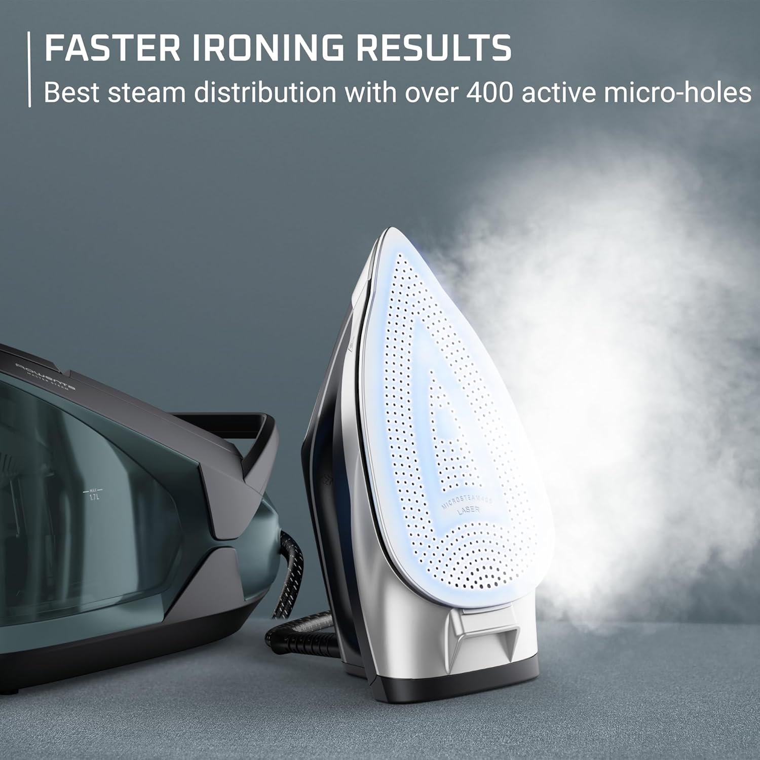 Rowenta Iron Steamer for Clothes, Master Steam Station, Professional Steam Iron For Clothes with Stainless Steel Soleplate 57 oz, 400 microsteam holes, Built-In Pump, 1750 watts, Black Green, VR8338 - Image 3