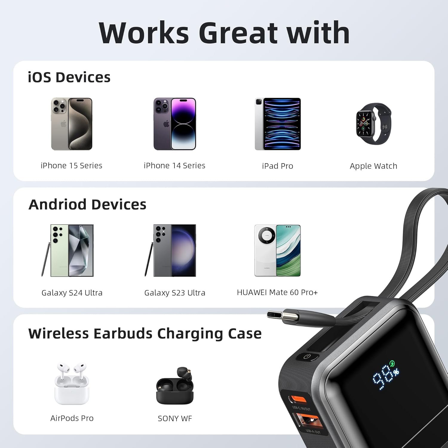 MOKiN Portable Charger, 10000mAh Power Bank, 30W Fast Charging Battery Pack, USB-C, USB A, Bulit in 2 Cables iOS & Type C, Digital Display, Compact PowerBank Compatible with iPhone 16/15/14/13,Black - Image 8