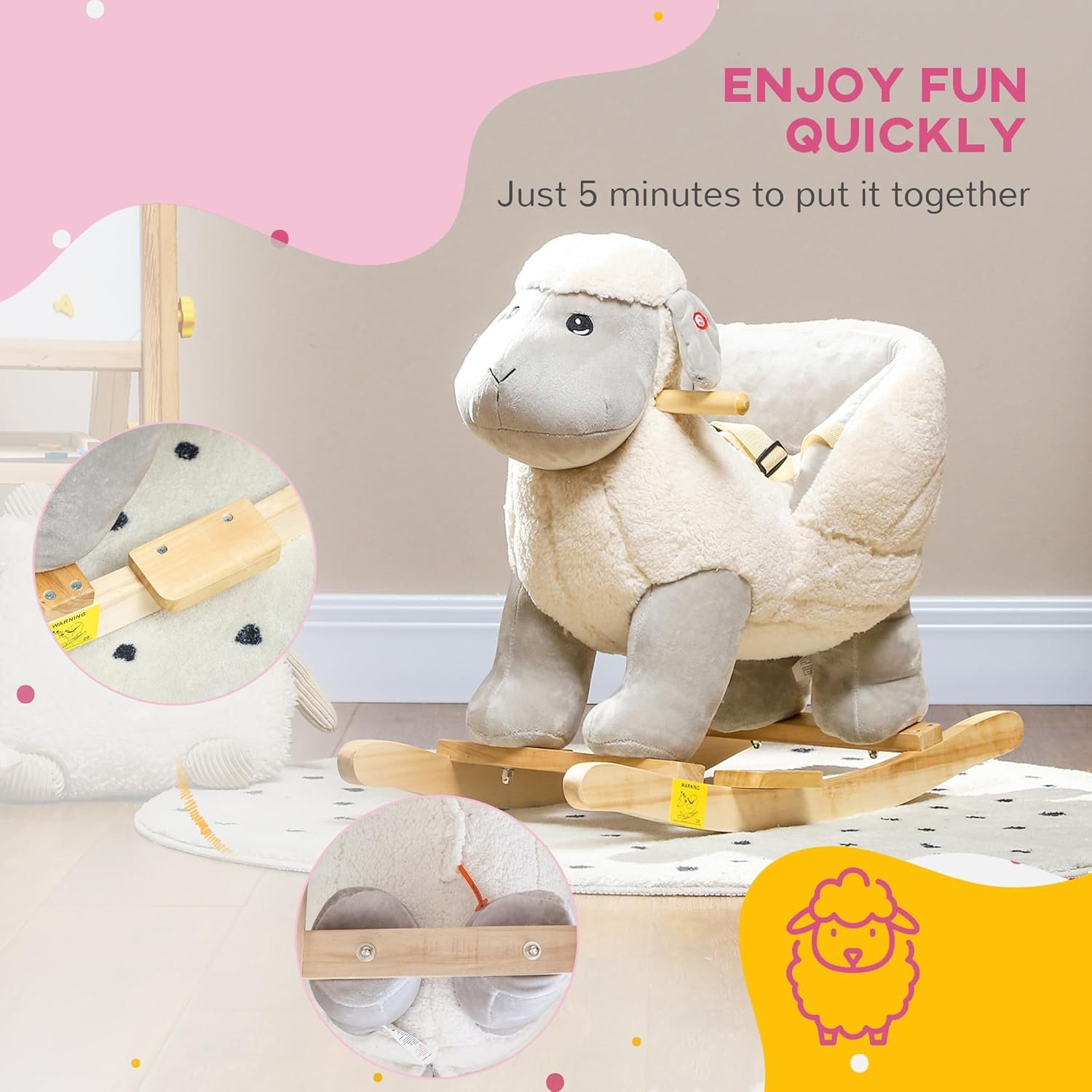 Qaba Baby Rocking Horse Sheep, Plush Lamb Rocker, Rocking Animal with Seat Belt, Sounds & Pedals for Kids 18-36 Months, Gray - Image 7