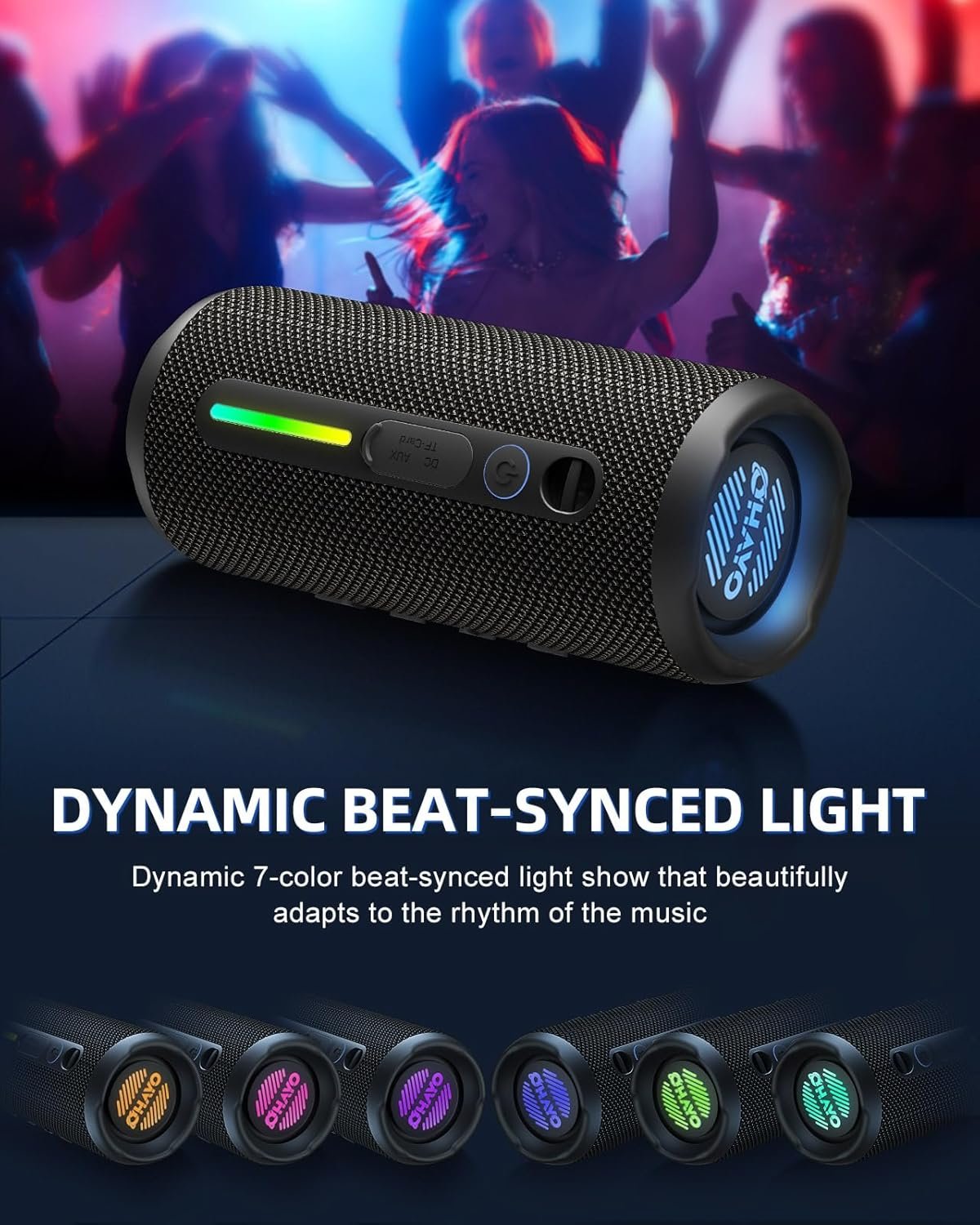 OHAYO Portable Bluetooth Speaker - IPX7 Waterproof, Wireless Stereo Pairing, 25-Hour Playtime, 24W Loud Sound, Bluetooth 5.3, Bass Boost, LED Lights, for Home/Shower/Outdoor/Beach/Travel, Gift Ideas - Image 7