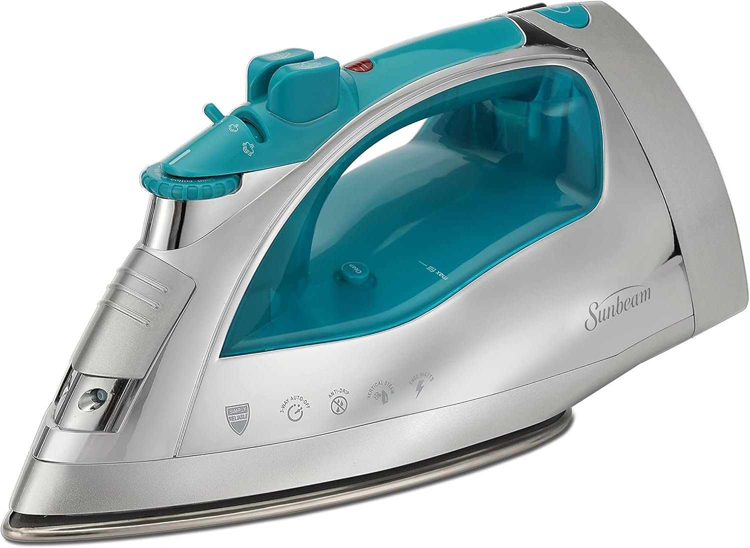 Sunbeam Steammaster 1400 Watt Iron with 8' Retractable Cord, Large Anti-Drip Nonstick Stainless Steel Soleplate, Horizontal or Vertical Shot of Steam and 3-Way Auto Shut-Off, Chrome/Teal - Image 2