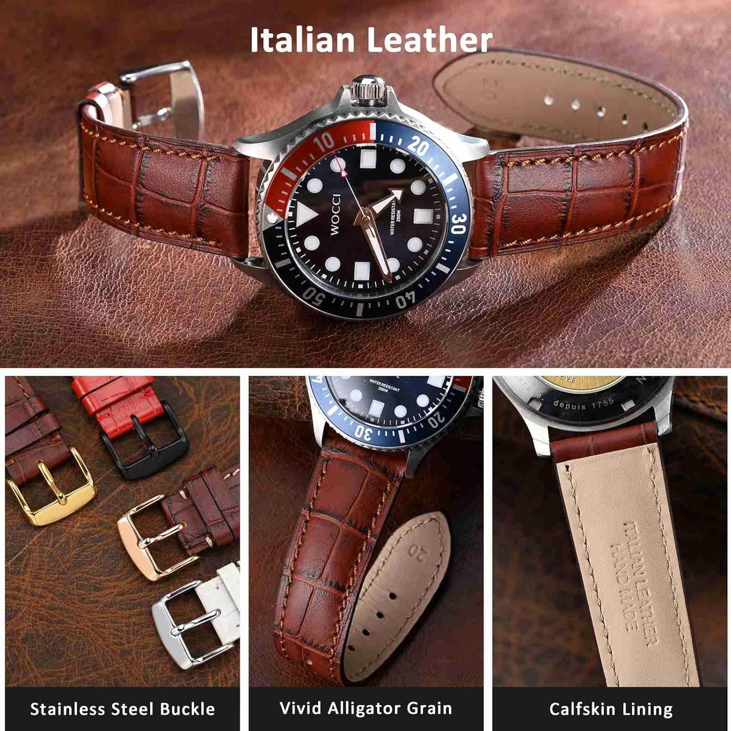 WOCCI 20mm Watch Band, Italian Leather, Embossed Alligator Grain, Gold Buckle (Brown) - Image 4