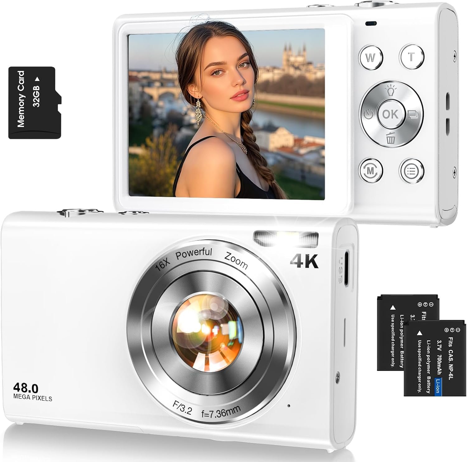 Digital Camera,Autofocus 4K Vlogging Camera for Photography with 32GB Card,48MP Portable Compact Point and Shoot Digital Camera for Teens Adult Beginner with 16X Zoom,Anti-Shake,2 Batteries(White) - Image 2
