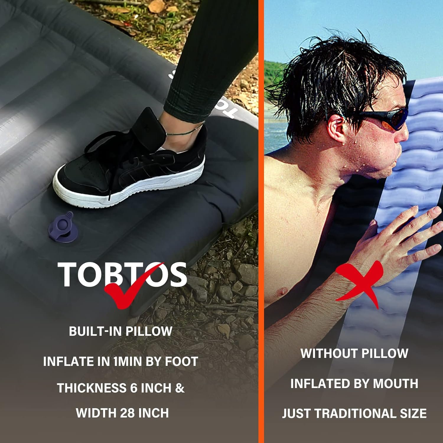 TOBTOS Inflatable Camping Sleeping Pad with Pillow, Thick 6 Inch Ultralight Sleeping Pad with Built-in Pump, Lightweight Sleeping Mat for Camping, Backpacking, Hiking, Tent (Grey) - Image 8