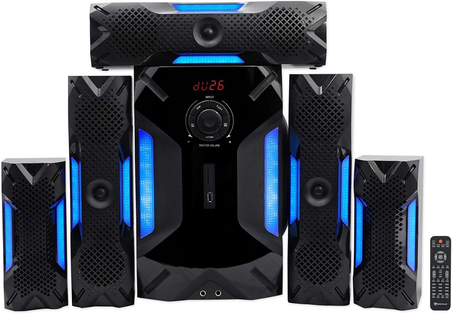 Rockville HTS56 1000W 5.1 Channel Home Theater System with 8" Subwoofer, Bluetooth, USB, Includes Remote, LED Light Effects - Perfect for Movies, Music, Karaoke - Image 3