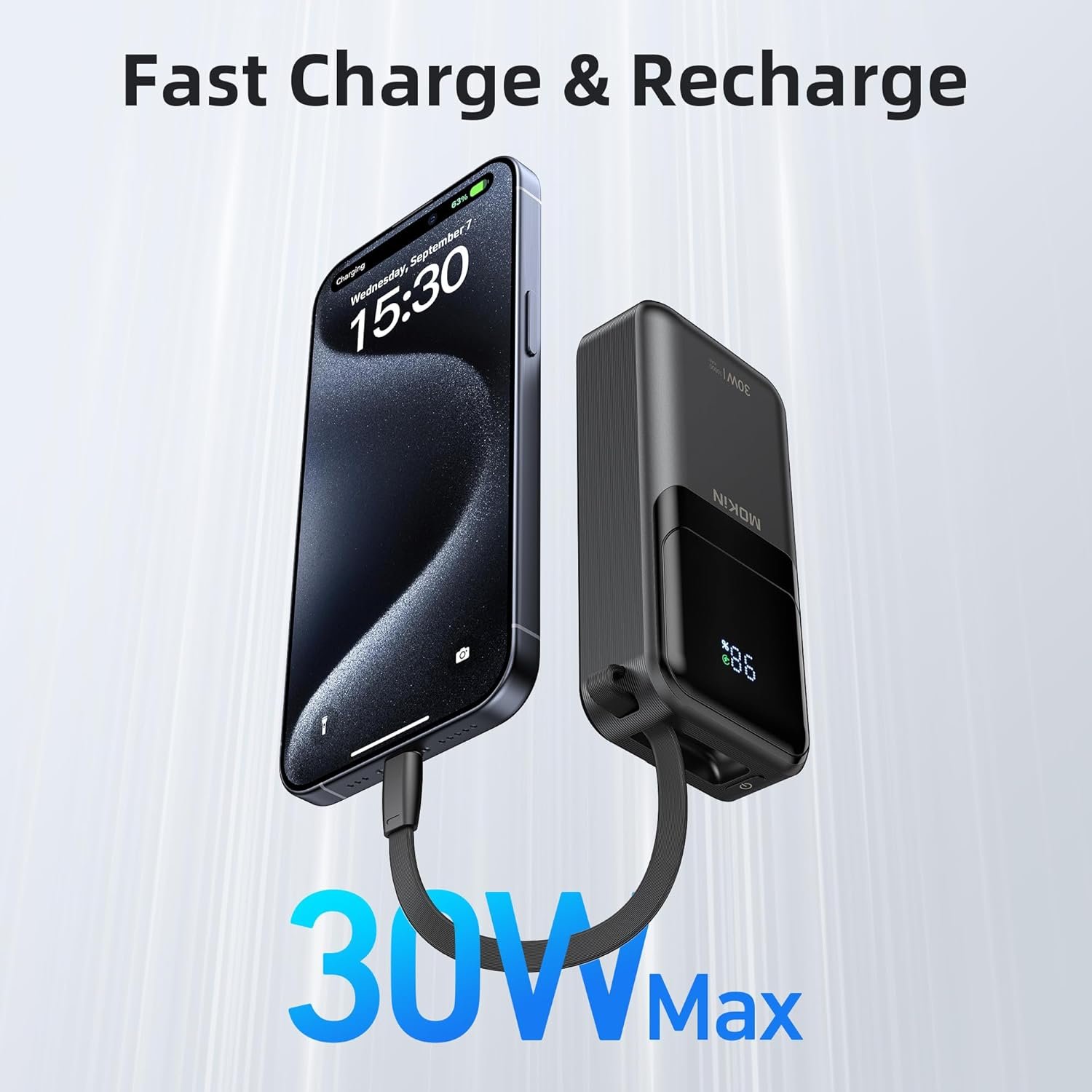 MOKiN Portable Charger, 10000mAh Power Bank, 30W Fast Charging Battery Pack, USB-C, USB A, Bulit in 2 Cables iOS & Type C, Digital Display, Compact PowerBank Compatible with iPhone 16/15/14/13,Black - Image 3