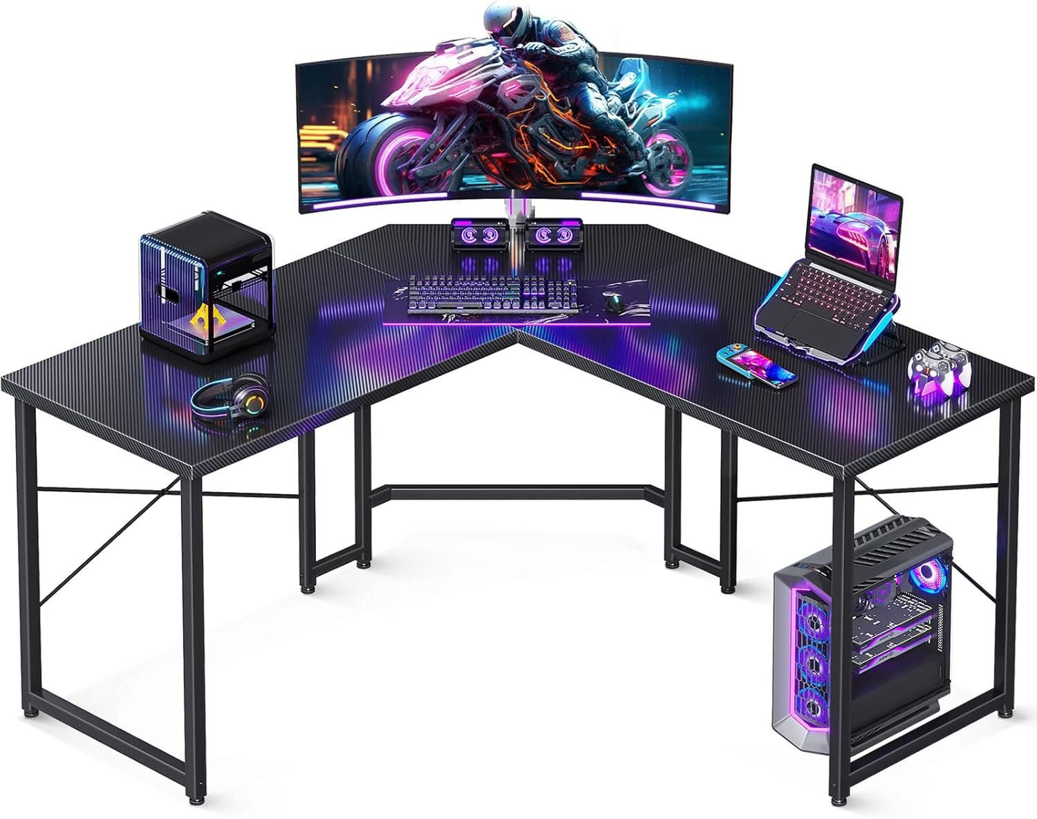 Casaottima L Shaped Gaming Desk, Corner Desk Gaming Table for Home Office, Computer Desk Sturdy Writing Workstation for Small Space, Easy to Assemble, 51 inch, Carbon Fiber Surface, Black - Image 2