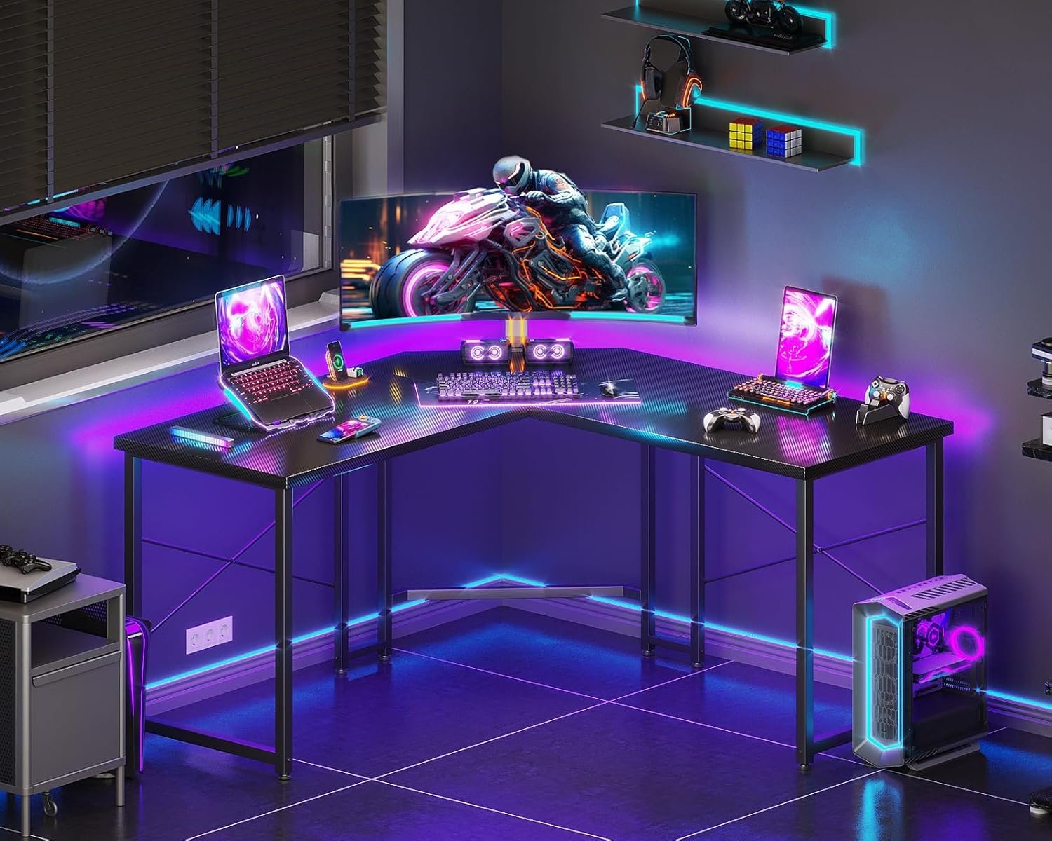 Casaottima L Shaped Gaming Desk, Corner Desk Gaming Table for Home Office, Computer Desk Sturdy Writing Workstation for Small Space, Easy to Assemble, 51 inch, Carbon Fiber Surface, Black - Image 3