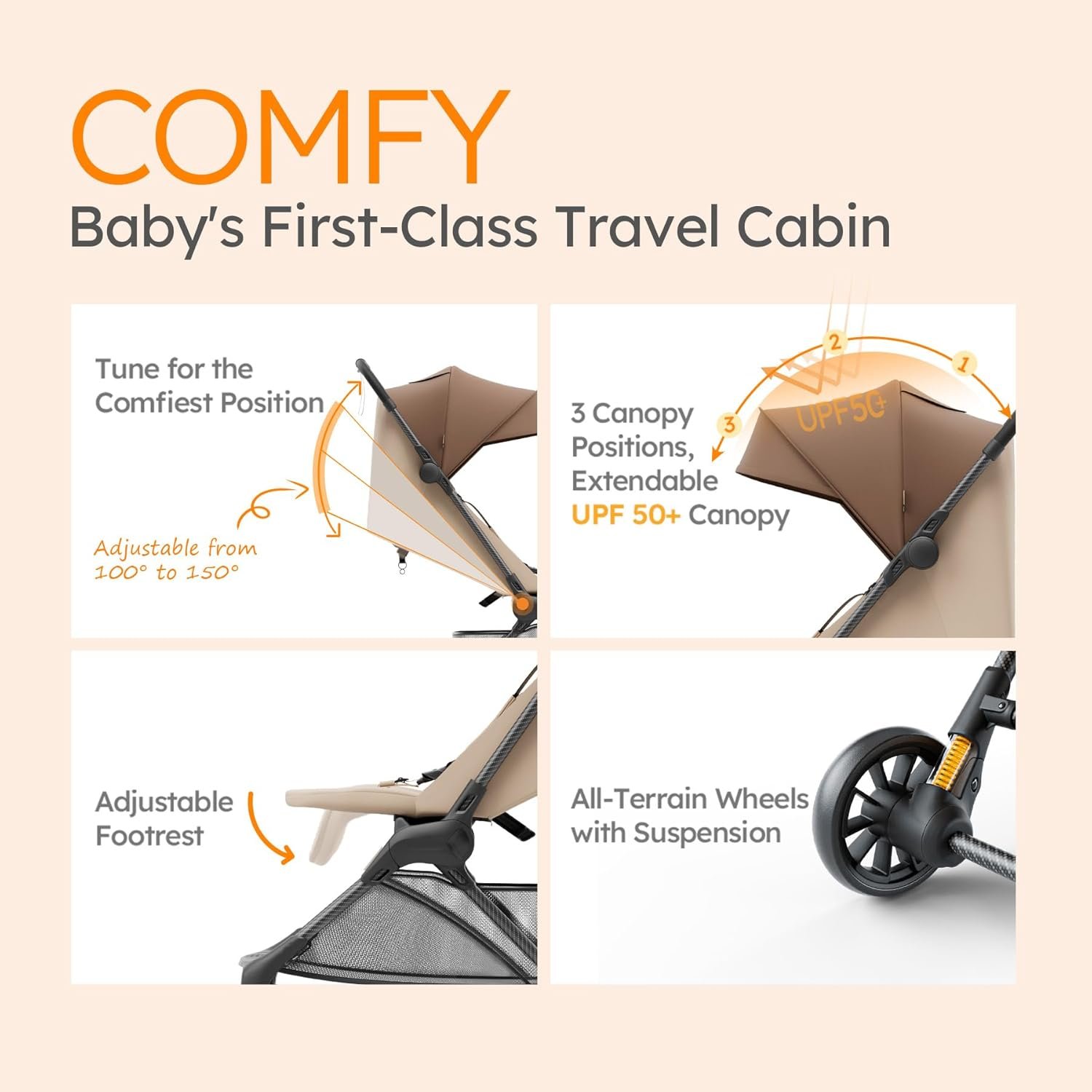Lightweight Baby Strollers for Airplane, Ultra-Compact Travel Stroller, Light & Strong Portable Toddler Stroller with Carbon Fiber Frame and UPF 50+ Waterproof Fabric, Only 9.9 lbs, Brown - Image 6