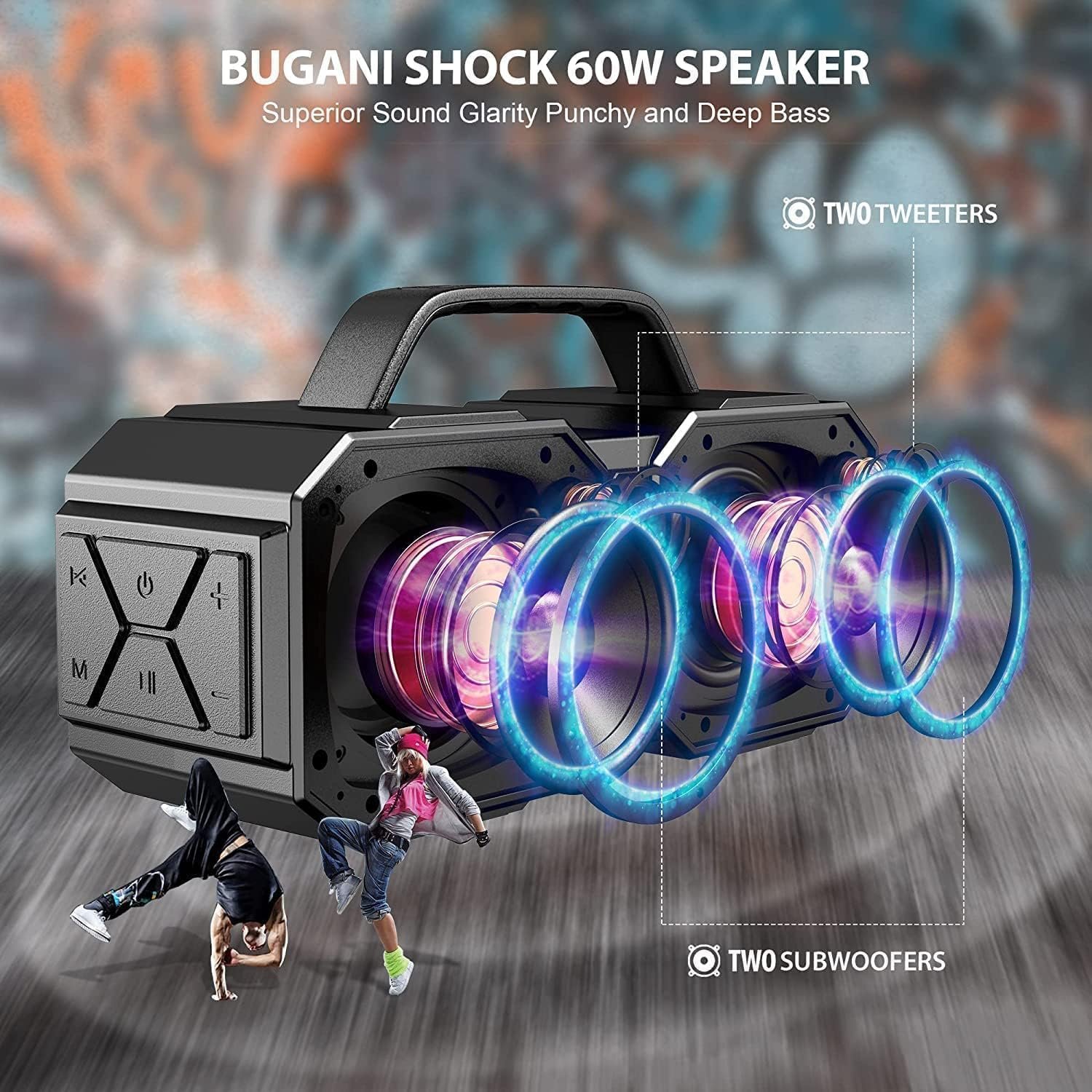 BUGANI Shock Bluetooth Speaker, Portable Bluetooth 5.3, Waterproof, 60W Super Power, Outdoor Speaker, Black(New Model) - Image 4