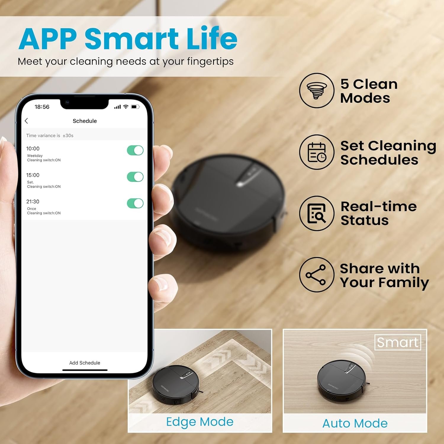 Robot Vacuum Cleaner with 3000Pa Cyclone Suction, APP/Voice/Remote Control, Automatic Self-Charging Robotic Vacuum, Scheduled Cleaning, Ideal for Pet Hair, Hard Floor, Low Carpet - Image 3