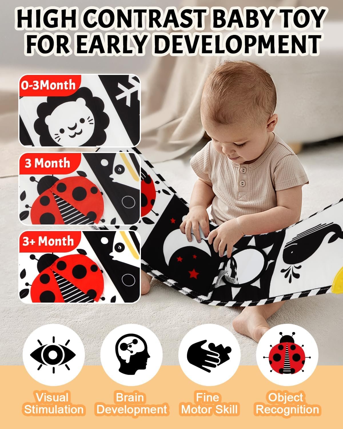 High Contrast Baby Book with Teether, Black and White Baby Book, 0-6-12 Months Soft Book for Newborn, Sensory Books, Montessori Learning Activities for Babies, Easter Basket Stuffer - Image 4