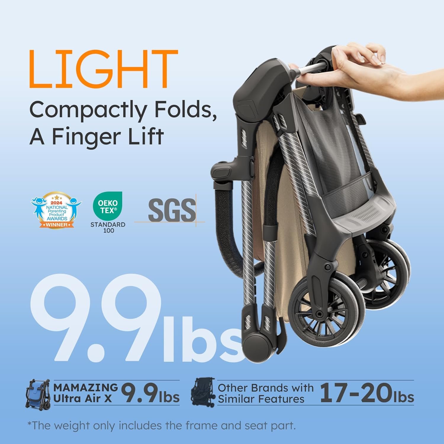 Lightweight Baby Strollers for Airplane, Ultra-Compact Travel Stroller, Light & Strong Portable Toddler Stroller with Carbon Fiber Frame and UPF 50+ Waterproof Fabric, Only 9.9 lbs, Brown - Image 3