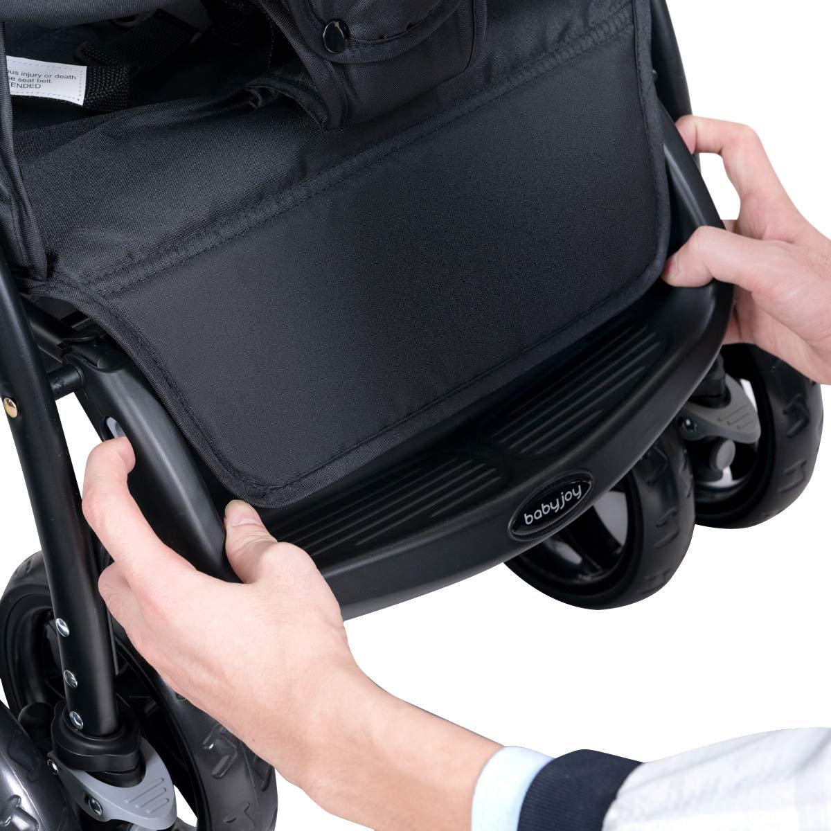 BABY JOY Double Stroller - Foldable Lightweight Twin Stroller with Tandem Seating, Adjustable Backrest/Canopy/Footrest, 5-Point Harness, Storage Basket, Newborn and Toddler (Black) - Image 7