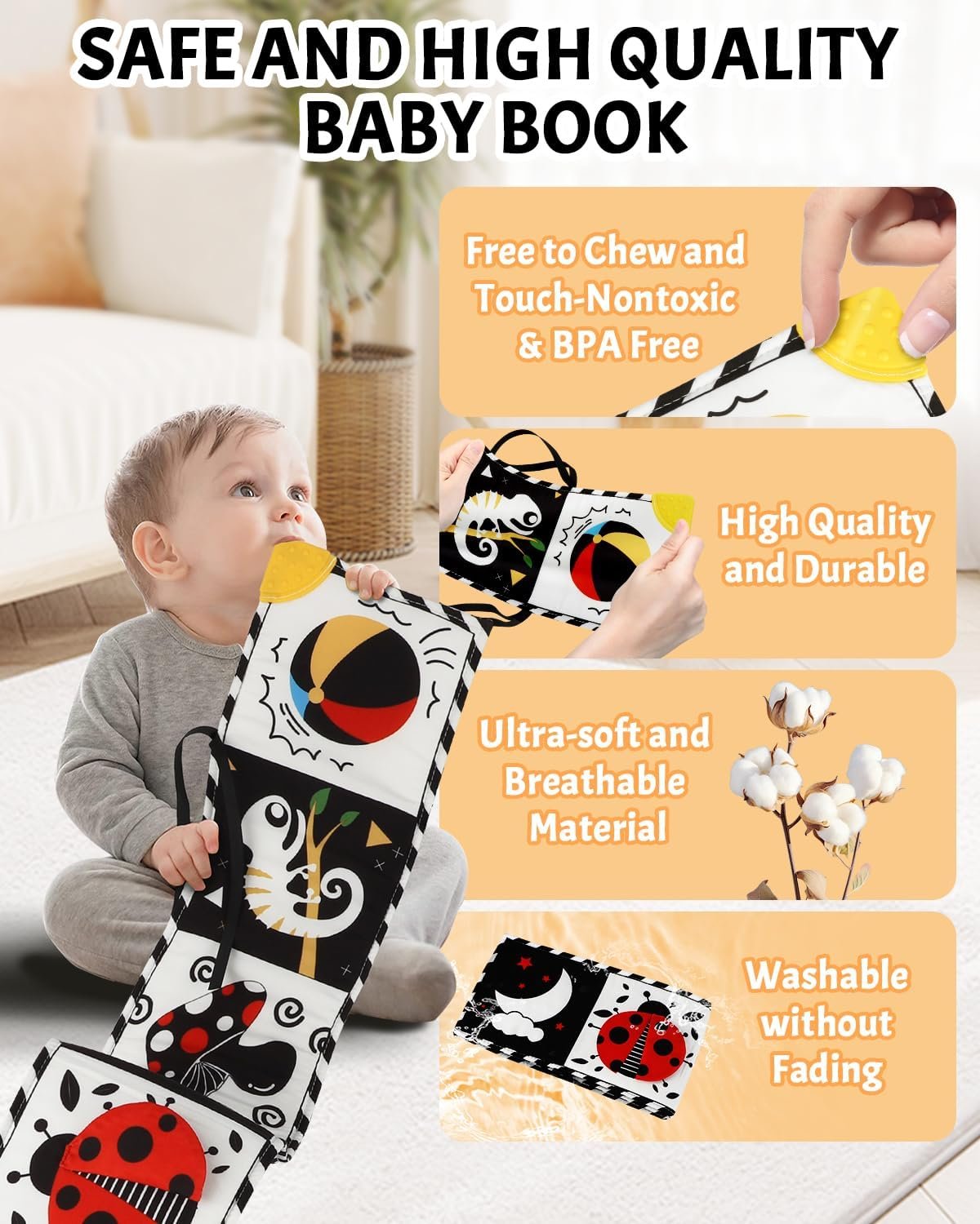 High Contrast Baby Book with Teether, Black and White Baby Book, 0-6-12 Months Soft Book for Newborn, Sensory Books, Montessori Learning Activities for Babies, Easter Basket Stuffer - Image 7
