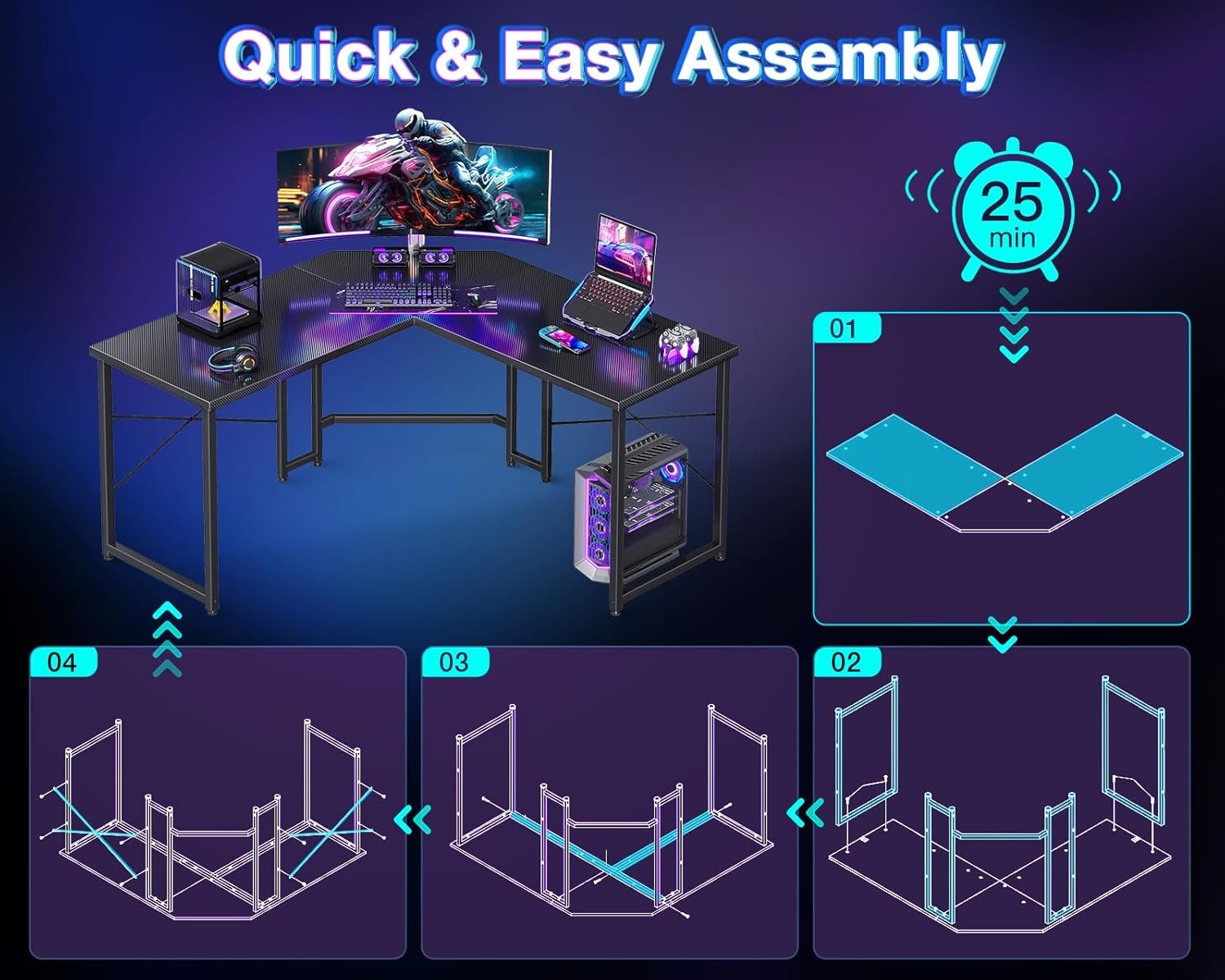 Casaottima L Shaped Gaming Desk, Corner Desk Gaming Table for Home Office, Computer Desk Sturdy Writing Workstation for Small Space, Easy to Assemble, 51 inch, Carbon Fiber Surface, Black - Image 5