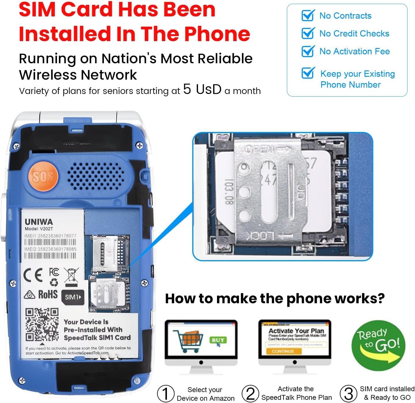 Mosthink 4G Unlocked Flip Cell Phone for Senior with Speed Talk SIM Card, SOS Big Button Basic Cell Phone for Elderly, 2.4'' HD Display, Big Volume, 1450mAh Battery with Charging Dock (Blue) - Image 6