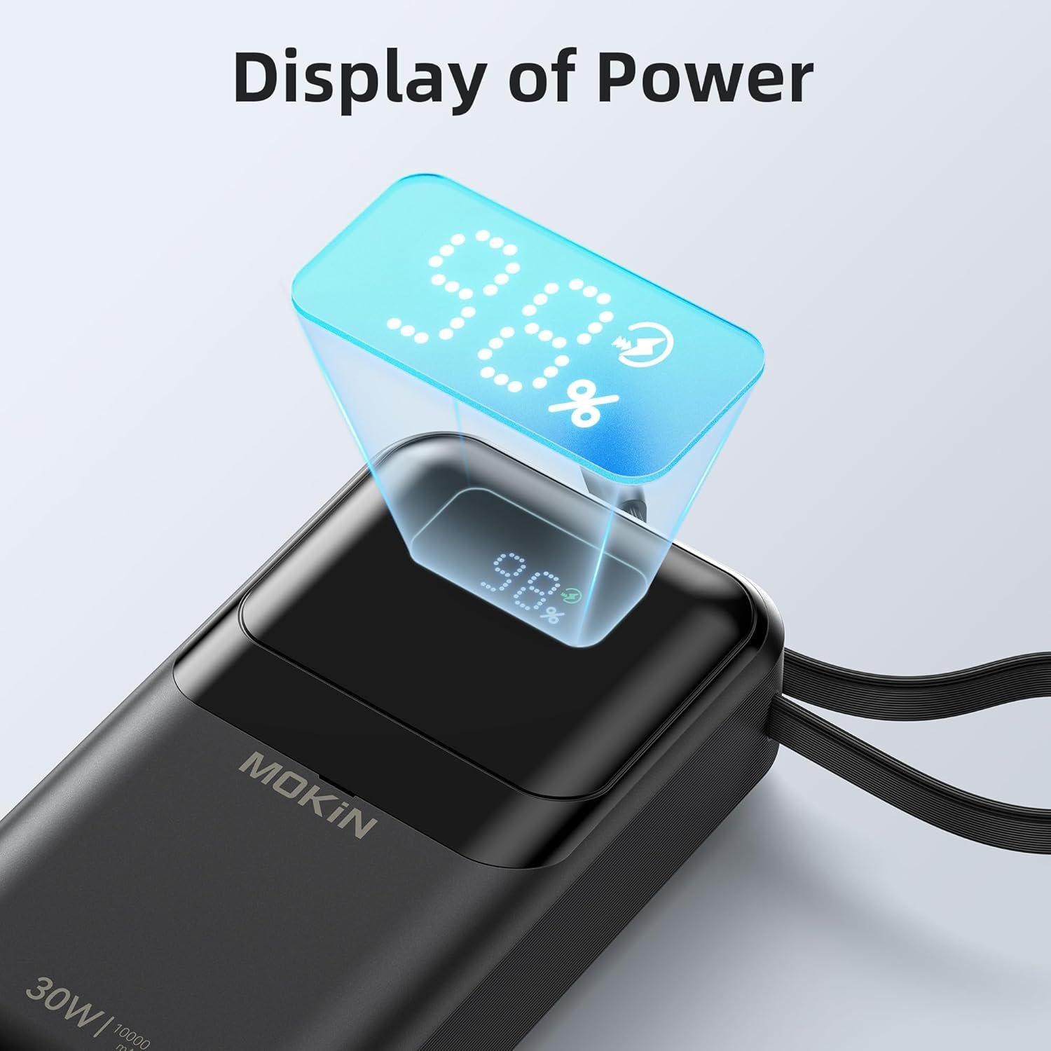 MOKiN Portable Charger, 10000mAh Power Bank, 30W Fast Charging Battery Pack, USB-C, USB A, Bulit in 2 Cables iOS & Type C, Digital Display, Compact PowerBank Compatible with iPhone 16/15/14/13,Black - Image 6