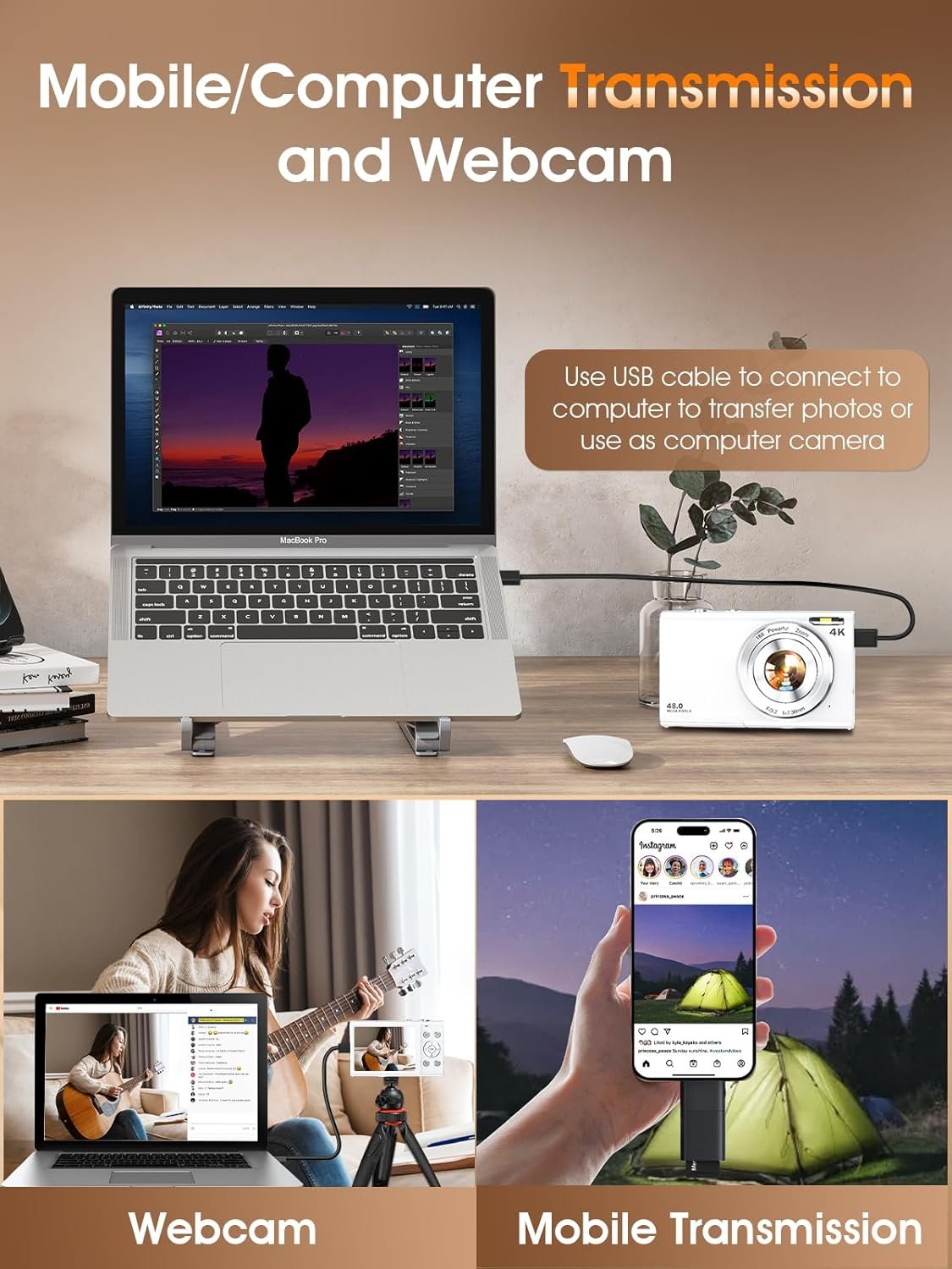 Digital Camera,Autofocus 4K Vlogging Camera for Photography with 32GB Card,48MP Portable Compact Point and Shoot Digital Camera for Teens Adult Beginner with 16X Zoom,Anti-Shake,2 Batteries(White) - Image 9