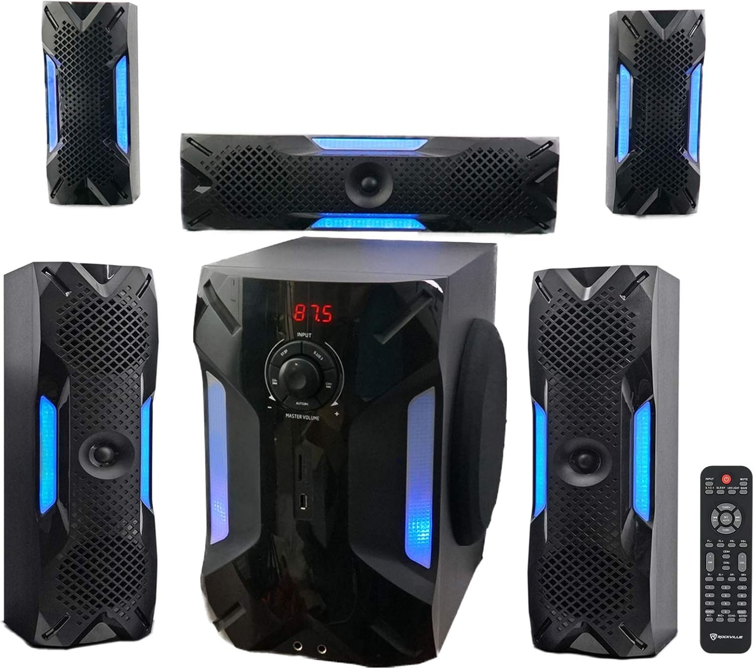 Rockville HTS56 1000W 5.1 Channel Home Theater System with 8" Subwoofer, Bluetooth, USB, Includes Remote, LED Light Effects - Perfect for Movies, Music, Karaoke - Image 2
