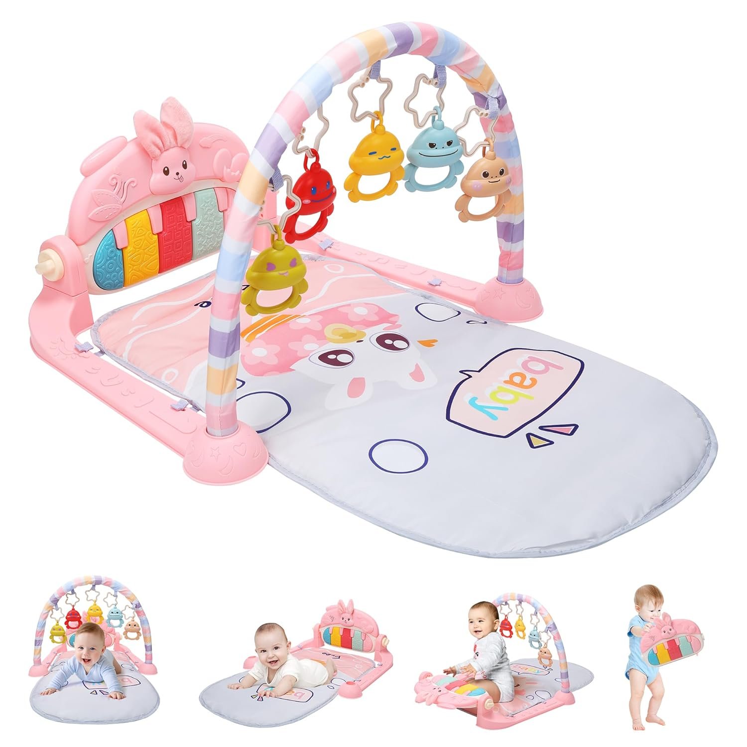 HOLYFUN Baby Play Mat Baby Gym, Play Piano Tummy Time Mat with Activity Gym, 5 Infant Learning Sensory Baby Toys, Musical Activity Center for Early Development and Entertainment, Pink - Image 2