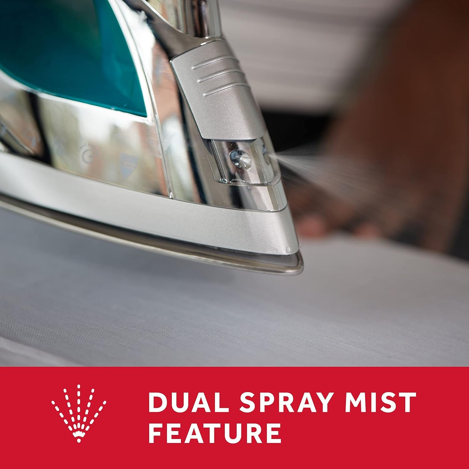 Sunbeam Steammaster 1400 Watt Iron with 8' Retractable Cord, Large Anti-Drip Nonstick Stainless Steel Soleplate, Horizontal or Vertical Shot of Steam and 3-Way Auto Shut-Off, Chrome/Teal - Image 6