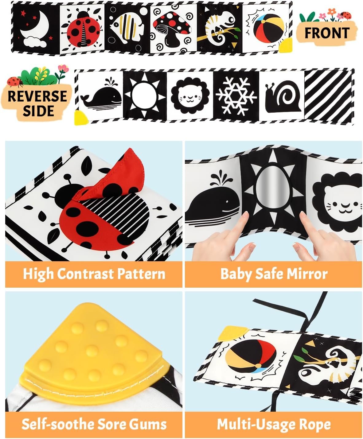 High Contrast Baby Book with Teether, Black and White Baby Book, 0-6-12 Months Soft Book for Newborn, Sensory Books, Montessori Learning Activities for Babies, Easter Basket Stuffer - Image 6