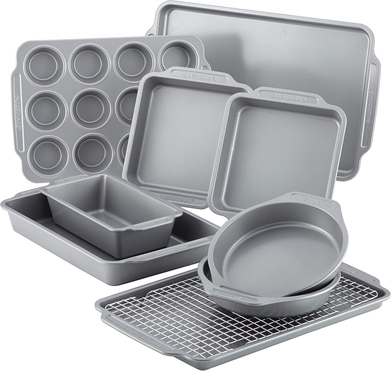 Farberware Nonstick Steel Bakeware Set with Cooling Rack, Baking Pan and Cookie Sheet Set with Nonstick Bread Pan and Cooling Grid, 10-Piece Set, Gray - Image 2