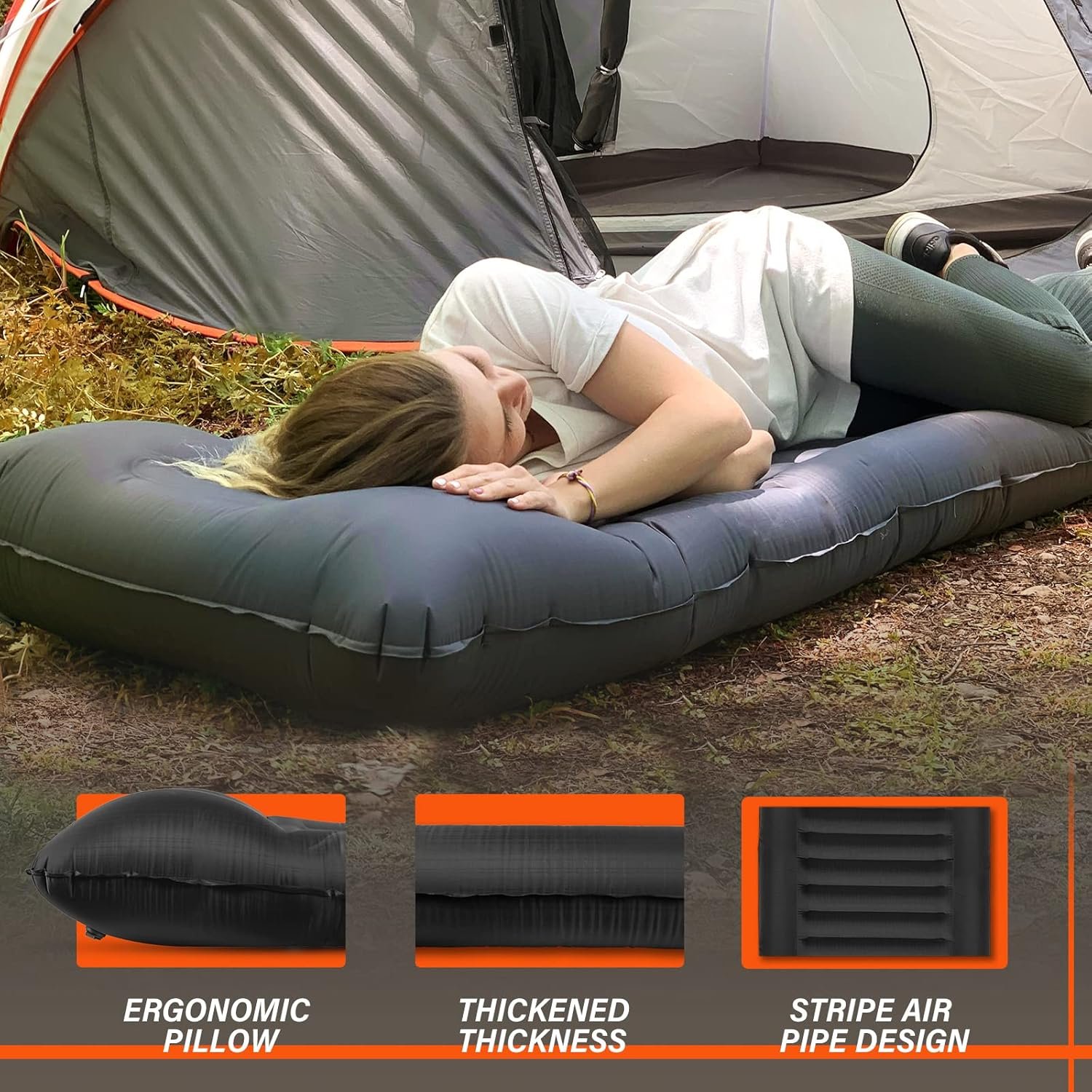 TOBTOS Inflatable Camping Sleeping Pad with Pillow, Thick 6 Inch Ultralight Sleeping Pad with Built-in Pump, Lightweight Sleeping Mat for Camping, Backpacking, Hiking, Tent (Grey) - Image 5