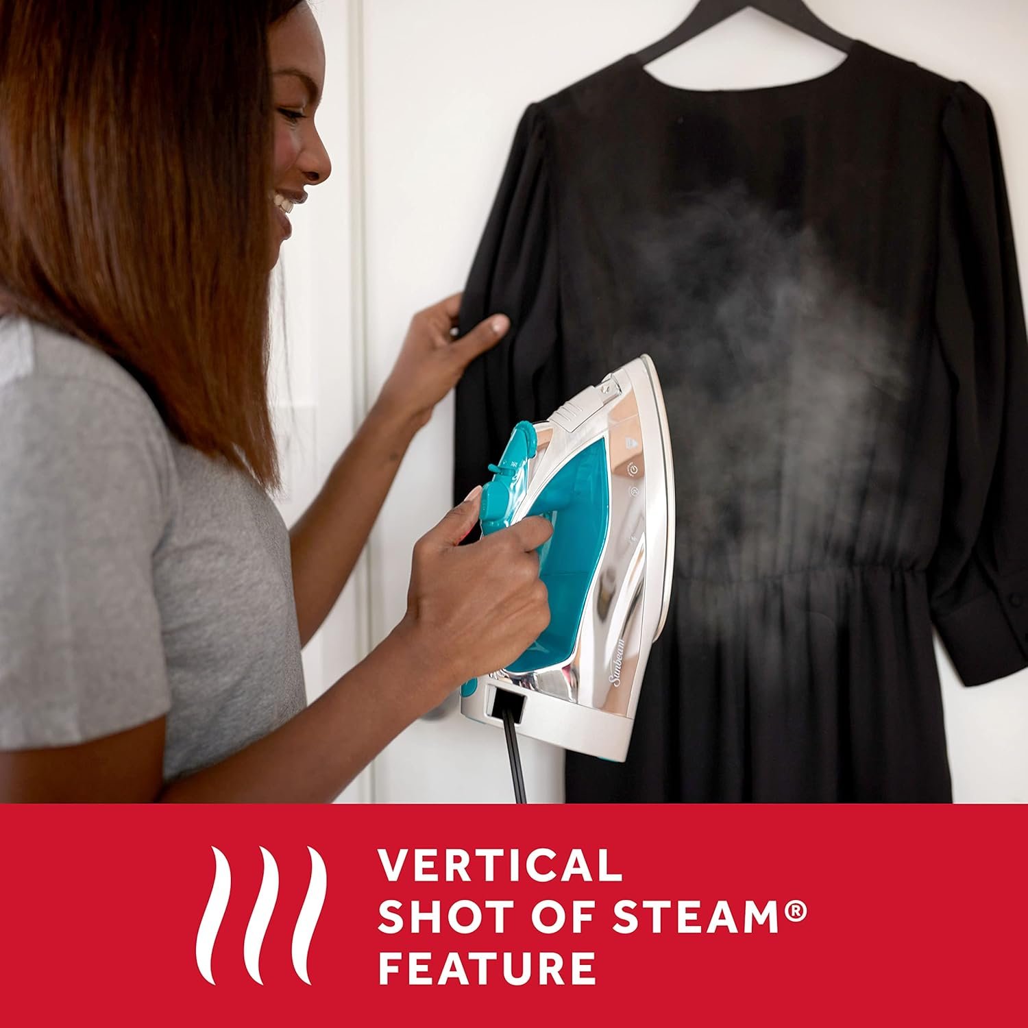 Sunbeam Steammaster 1400 Watt Iron with 8' Retractable Cord, Large Anti-Drip Nonstick Stainless Steel Soleplate, Horizontal or Vertical Shot of Steam and 3-Way Auto Shut-Off, Chrome/Teal - Image 4