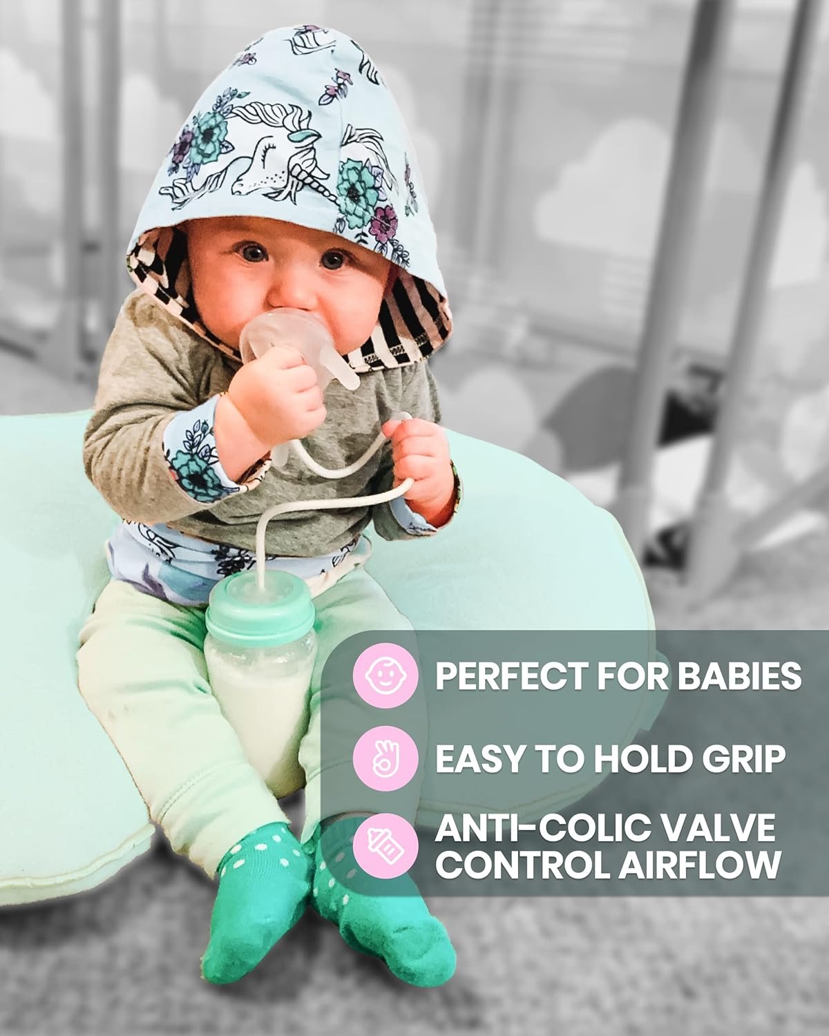 TidyFriend Self Feeding Baby Bottle 8oz Bottle Holder for Baby - 2 Pack Baby Bottle with Straw, Anti Colic, for Convenient Feeding (Green) - Image 4