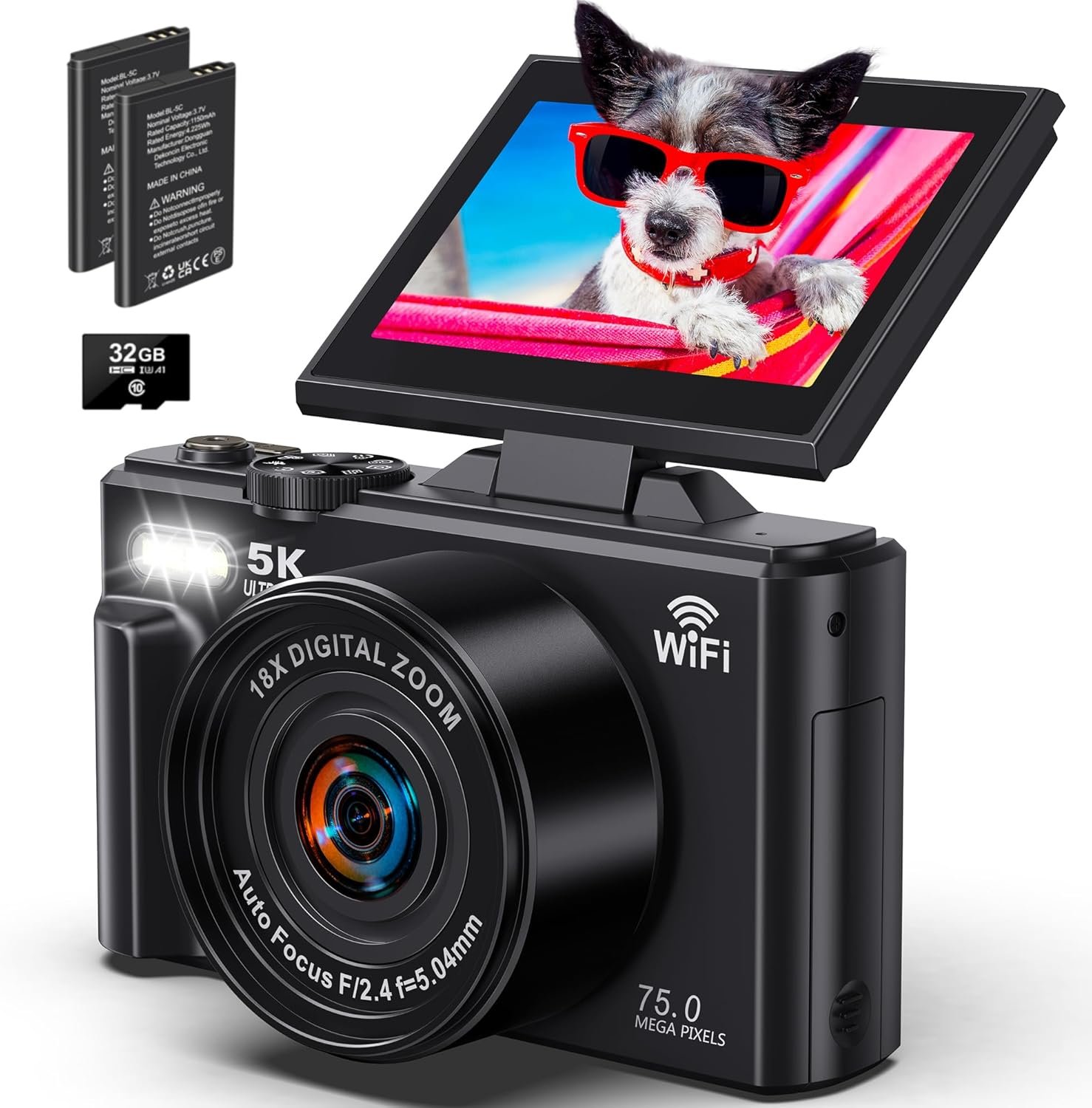 5K Digital Camera for Photography - WiFi 75MP Vlogging Cameras for YouTube - UHD Autofocus Video Camera 3" 180° Flip Screen with 18X Zoom - Compact Vlog Travel Camara with 32GB SD Card, 2 Batteries - Image 2