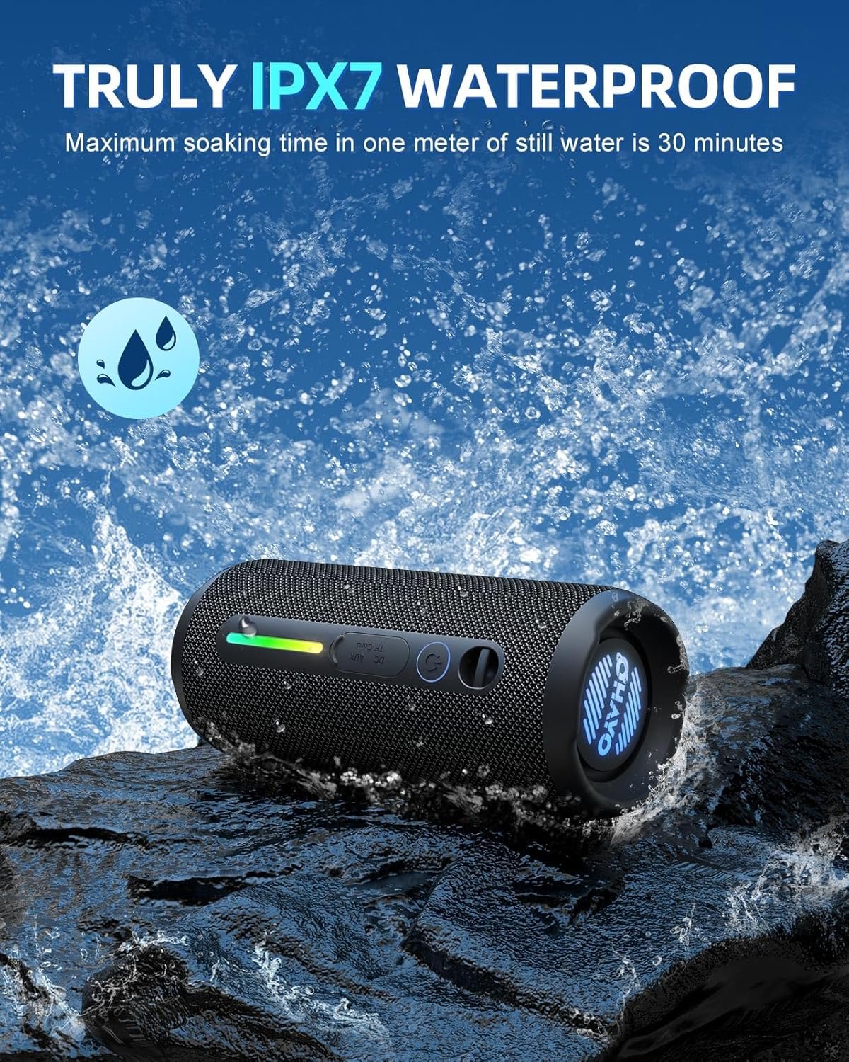 OHAYO Portable Bluetooth Speaker - IPX7 Waterproof, Wireless Stereo Pairing, 25-Hour Playtime, 24W Loud Sound, Bluetooth 5.3, Bass Boost, LED Lights, for Home/Shower/Outdoor/Beach/Travel, Gift Ideas - Image 4