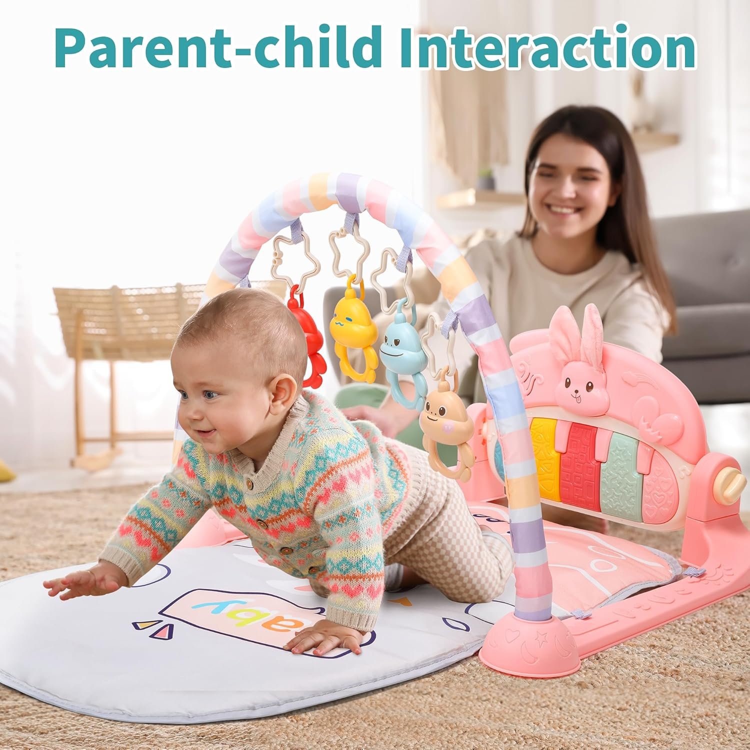HOLYFUN Baby Play Mat Baby Gym, Play Piano Tummy Time Mat with Activity Gym, 5 Infant Learning Sensory Baby Toys, Musical Activity Center for Early Development and Entertainment, Pink - Image 3