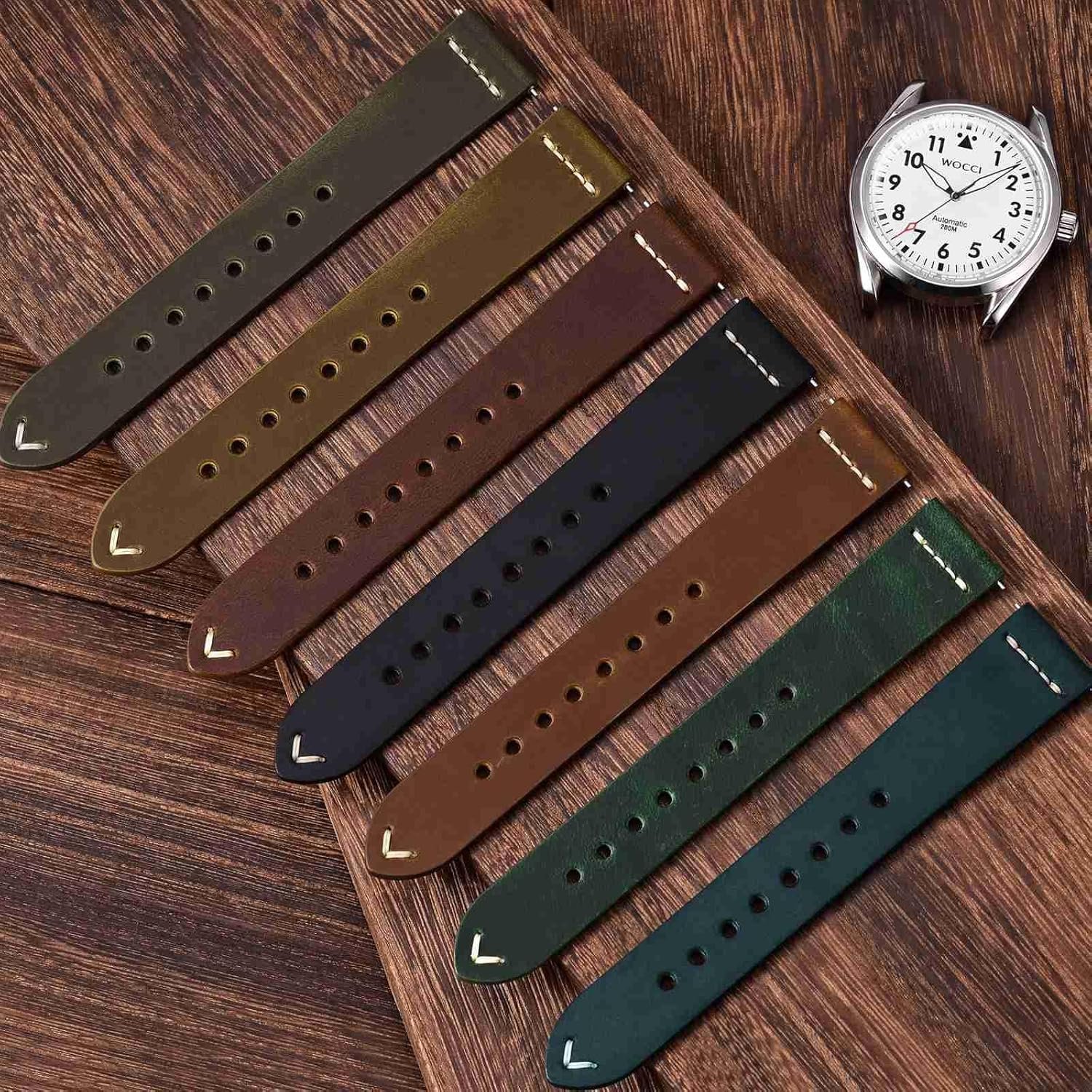 WOCCI 22mm Old-fashioned Watch Band for Men, Top Grain Leather, Silver Brushed Buckle (Caramel Brown) - Image 8