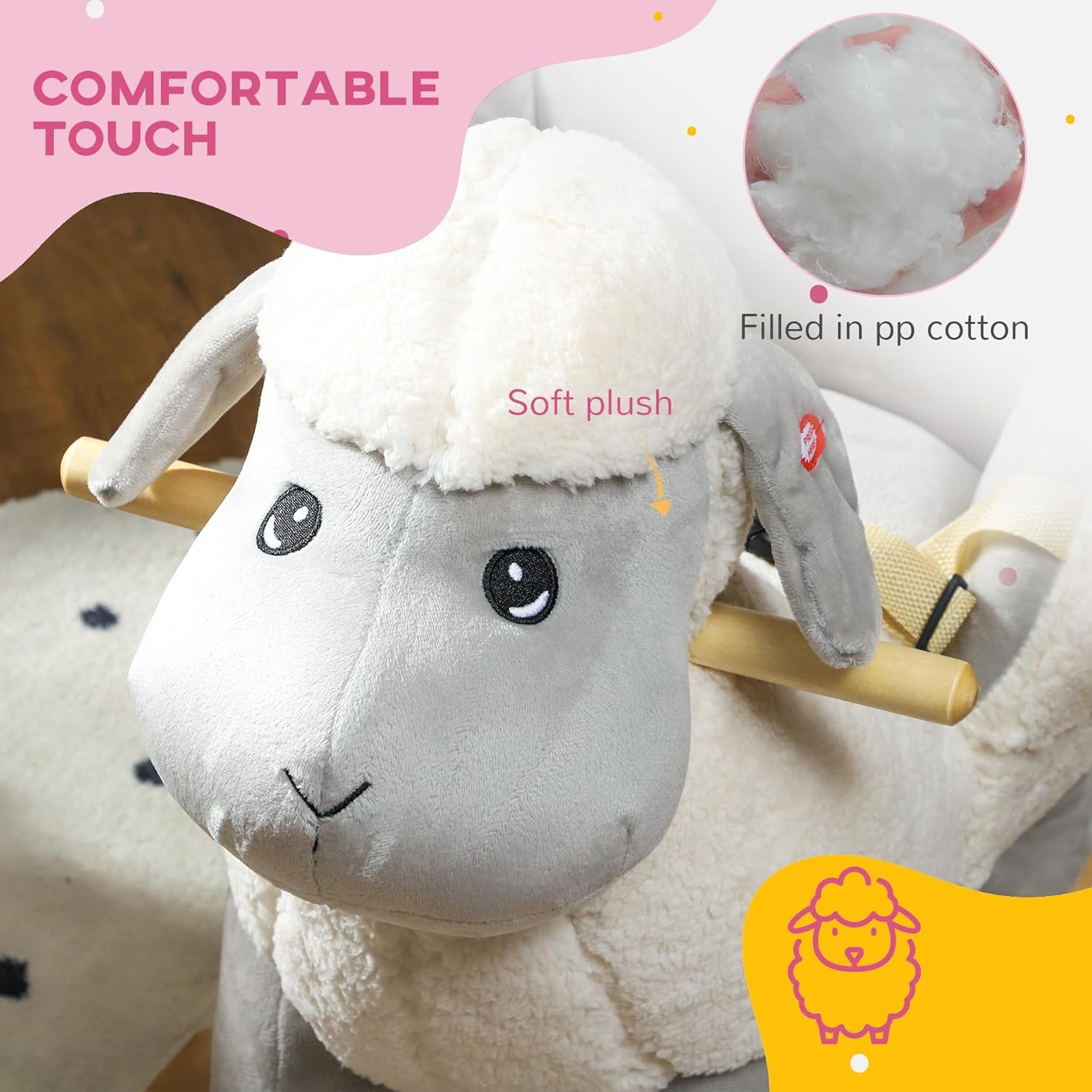 Qaba Baby Rocking Horse Sheep, Plush Lamb Rocker, Rocking Animal with Seat Belt, Sounds & Pedals for Kids 18-36 Months, Gray - Image 8