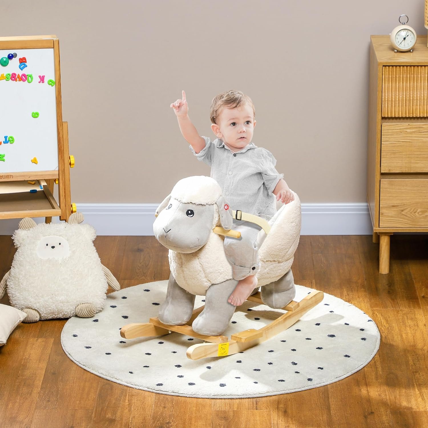 Qaba Baby Rocking Horse Sheep, Plush Lamb Rocker, Rocking Animal with Seat Belt, Sounds & Pedals for Kids 18-36 Months, Gray - Image 3