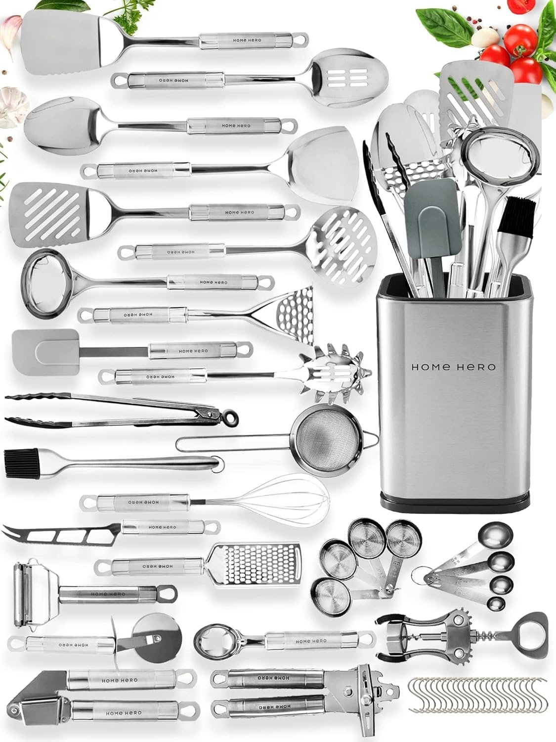 Home Hero 54 Pcs Stainless Steel Kitchen Utensils Set - Nonstick Stainless Steel Cooking Utensils Set - Heat Resistant Kitchen Essentials & Metal Kitchen Gadgets (54 Pcs) - Image 2