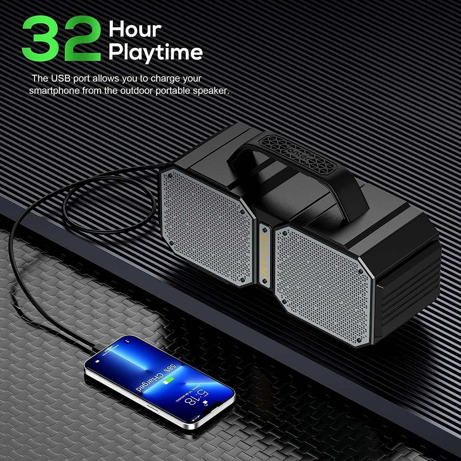 BUGANI Shock Bluetooth Speaker, Portable Bluetooth 5.3, Waterproof, 60W Super Power, Outdoor Speaker, Black(New Model) - Image 6